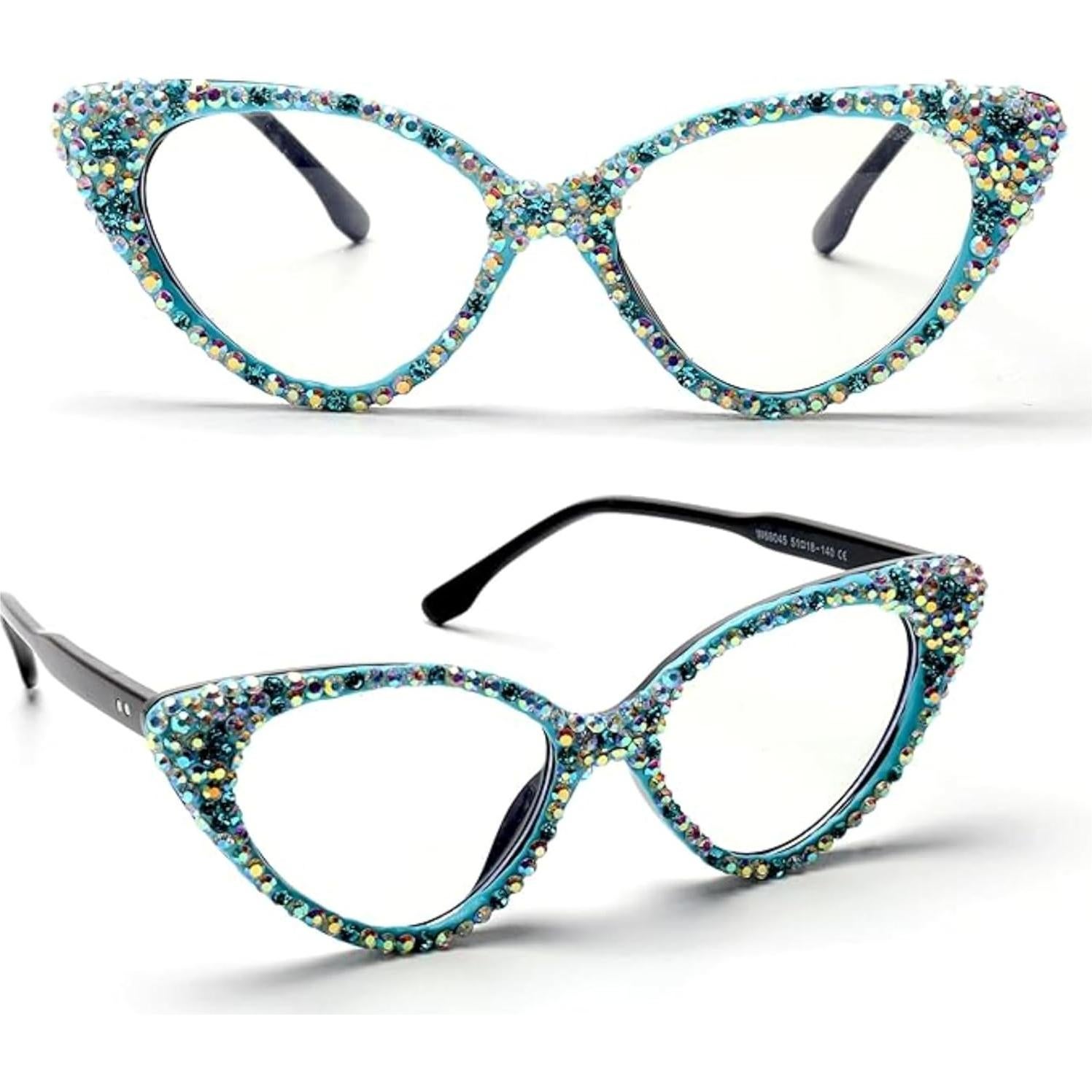 ICARA Bling Crystal Cat Eye Reading Glasses Rhinestone Blue Light Blocking Glasses for Women