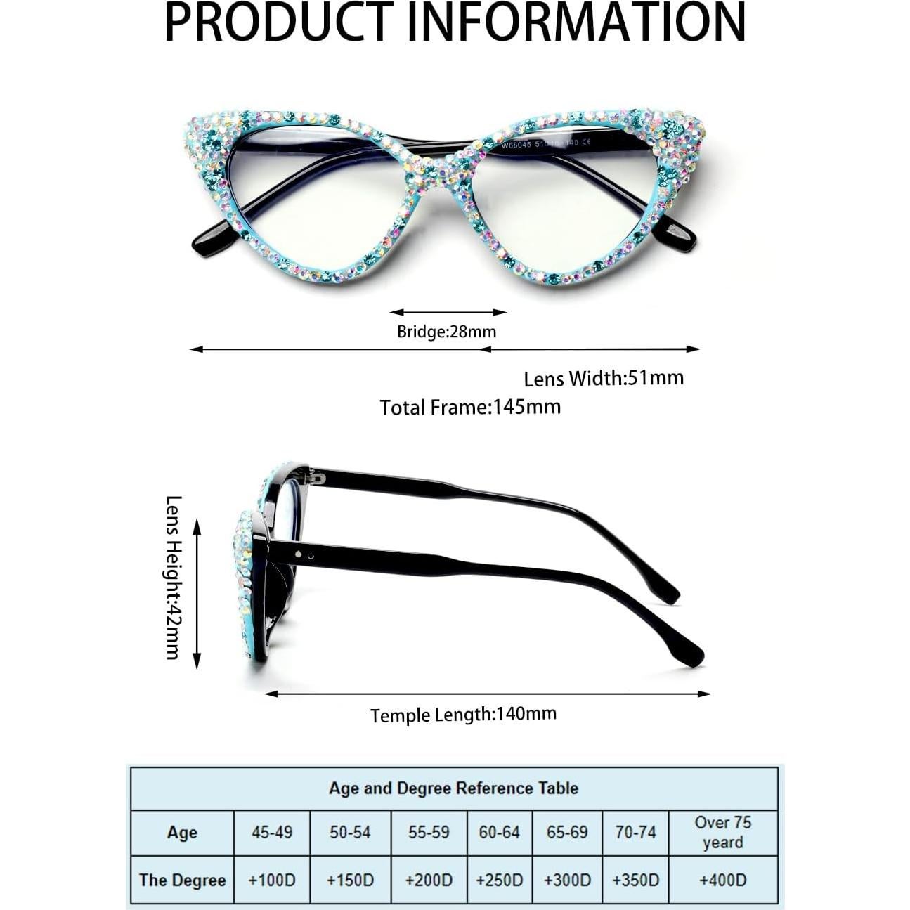 ICARA Bling Crystal Cat Eye Reading Glasses Rhinestone Blue Light Blocking Glasses for Women