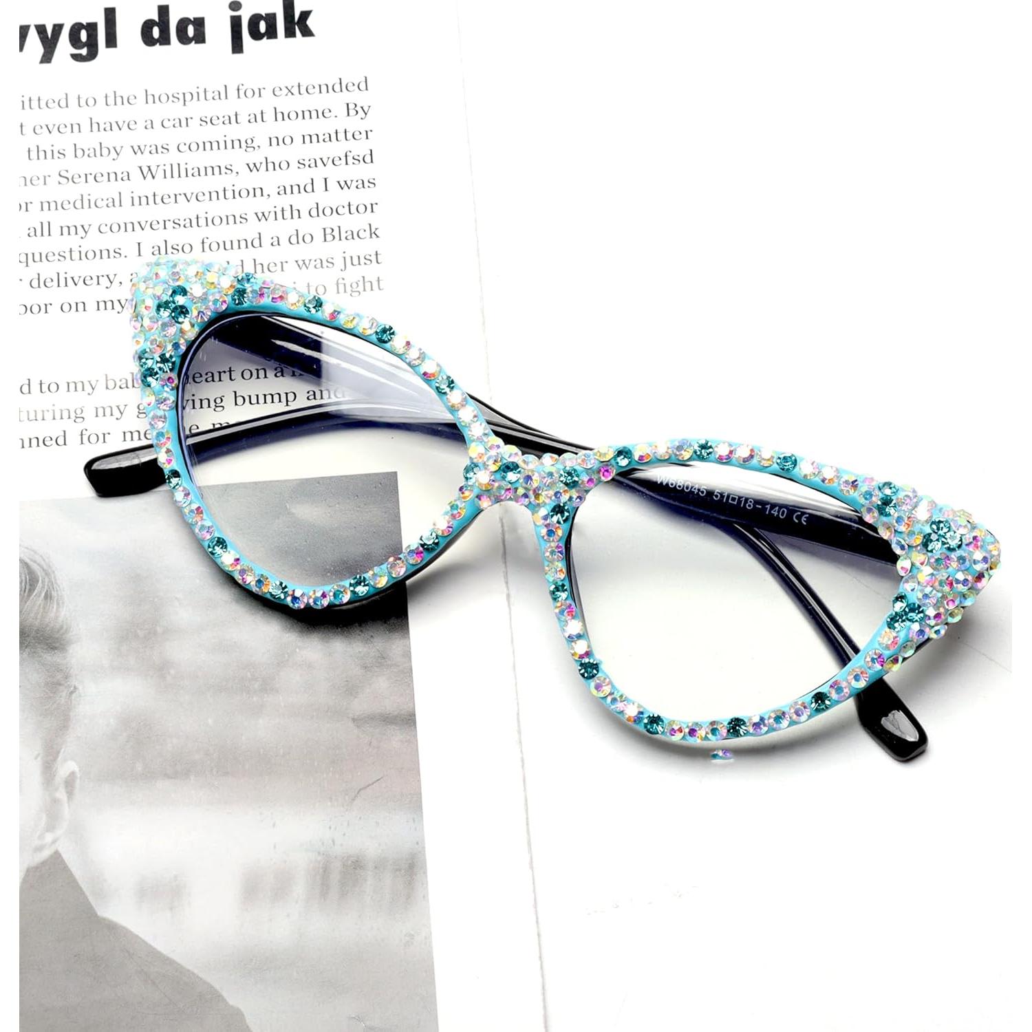 ICARA Bling Crystal Cat Eye Reading Glasses Rhinestone Blue Light Blocking Glasses for Women