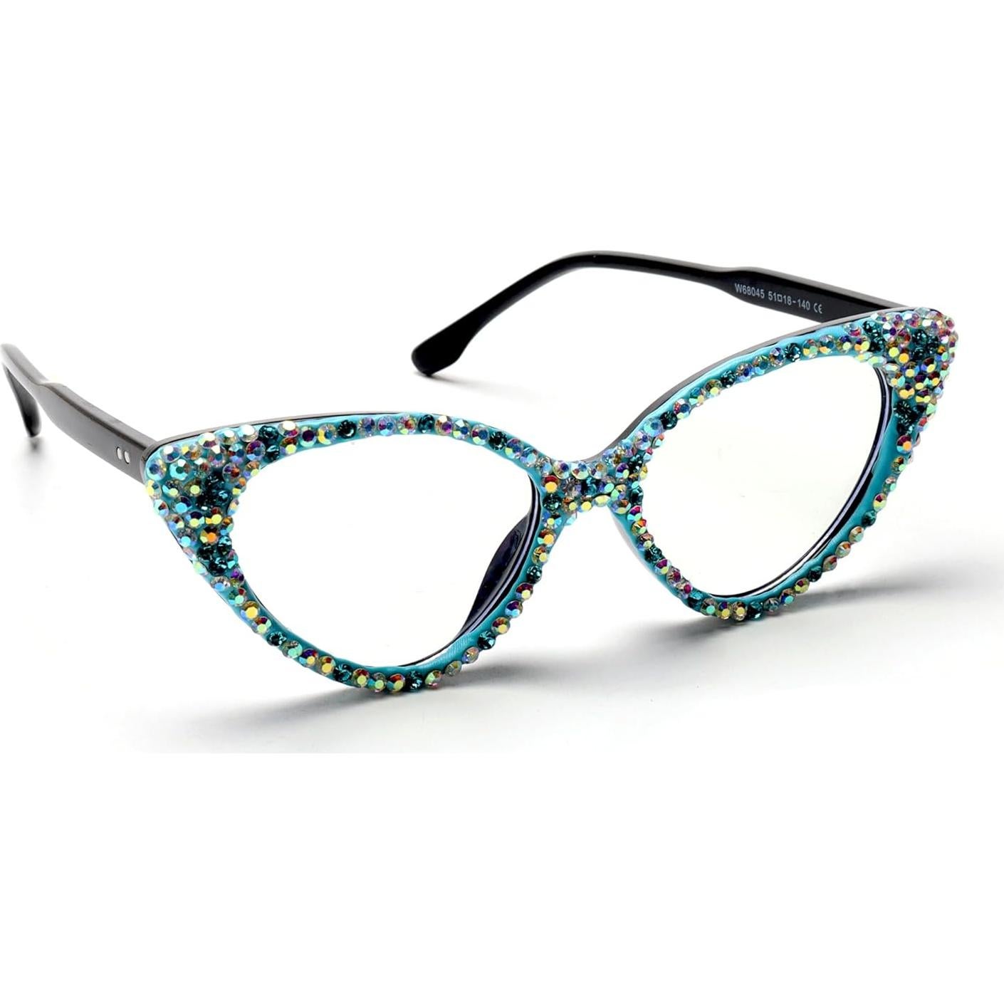ICARA Bling Crystal Cat Eye Reading Glasses Rhinestone Blue Light Blocking Glasses for Women