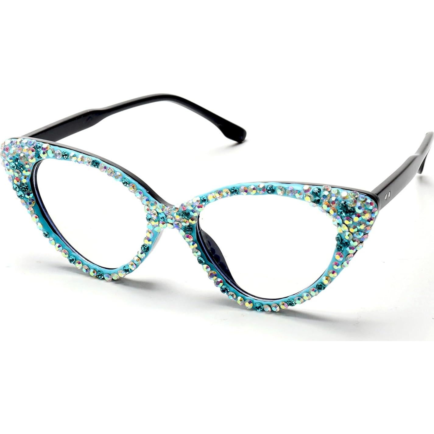 ICARA Bling Crystal Cat Eye Reading Glasses Rhinestone Blue Light Blocking Glasses for Women