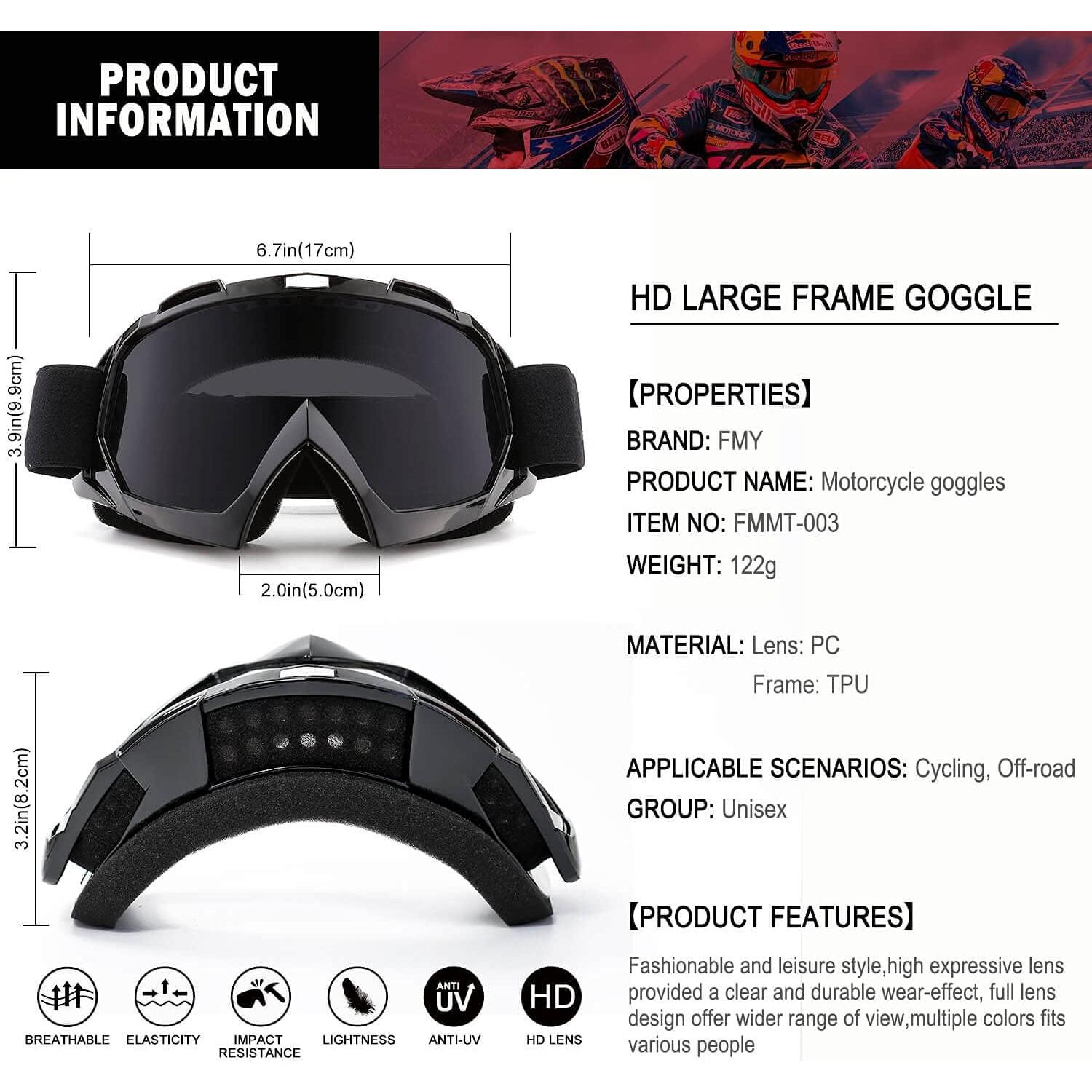 Gafas de Motocross FMY UV400 para Adultos - Negro-Gris