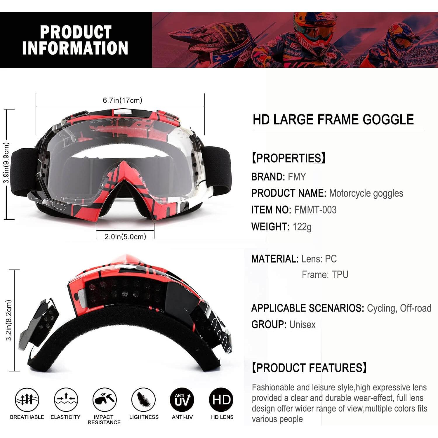 Gafas de Motocross FMY UV400 para Adultos - Negro y Rojo