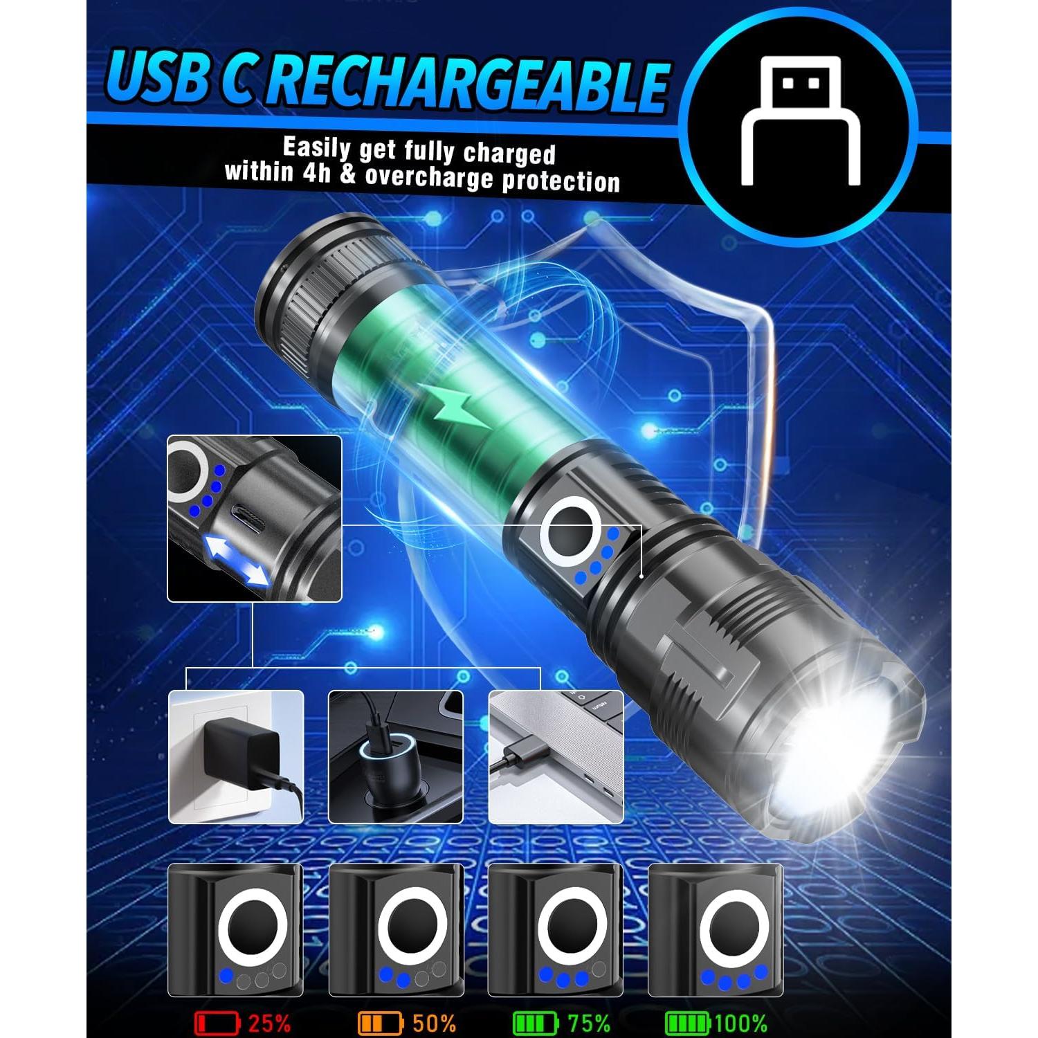Linterna LED Vnina 100000 Lúmenes Recargable USB C IPX5