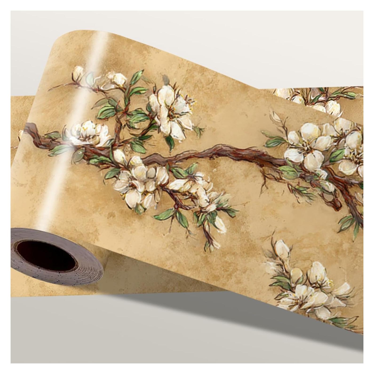 Frontera de Papel Tapiz Autoadhesiva IOHEFY Vintage Blossom 10.16x498.4 cm Beige Floral