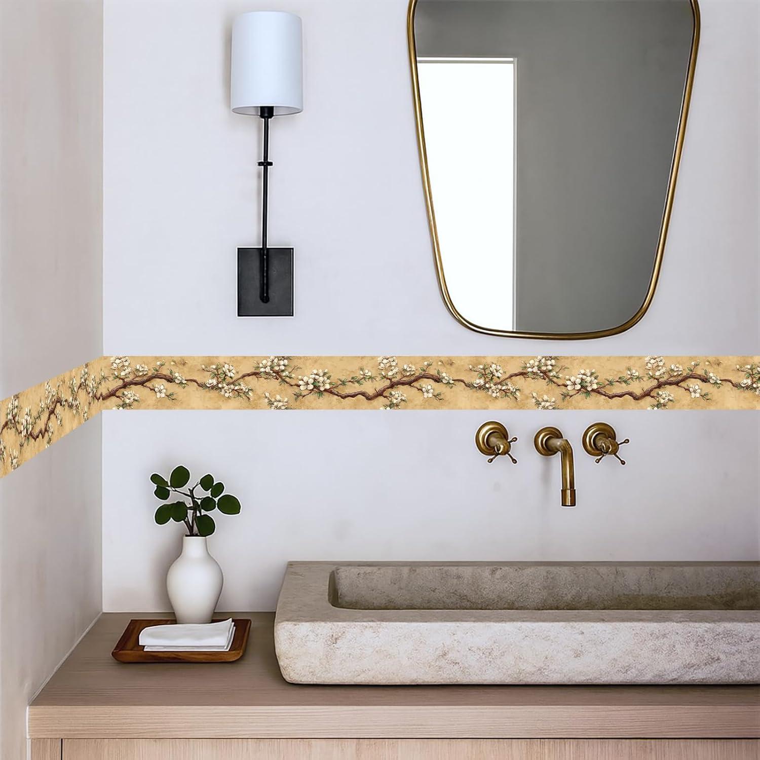 Frontera de Papel Tapiz Autoadhesiva IOHEFY Vintage Blossom 10.16x498.4 cm Beige Floral