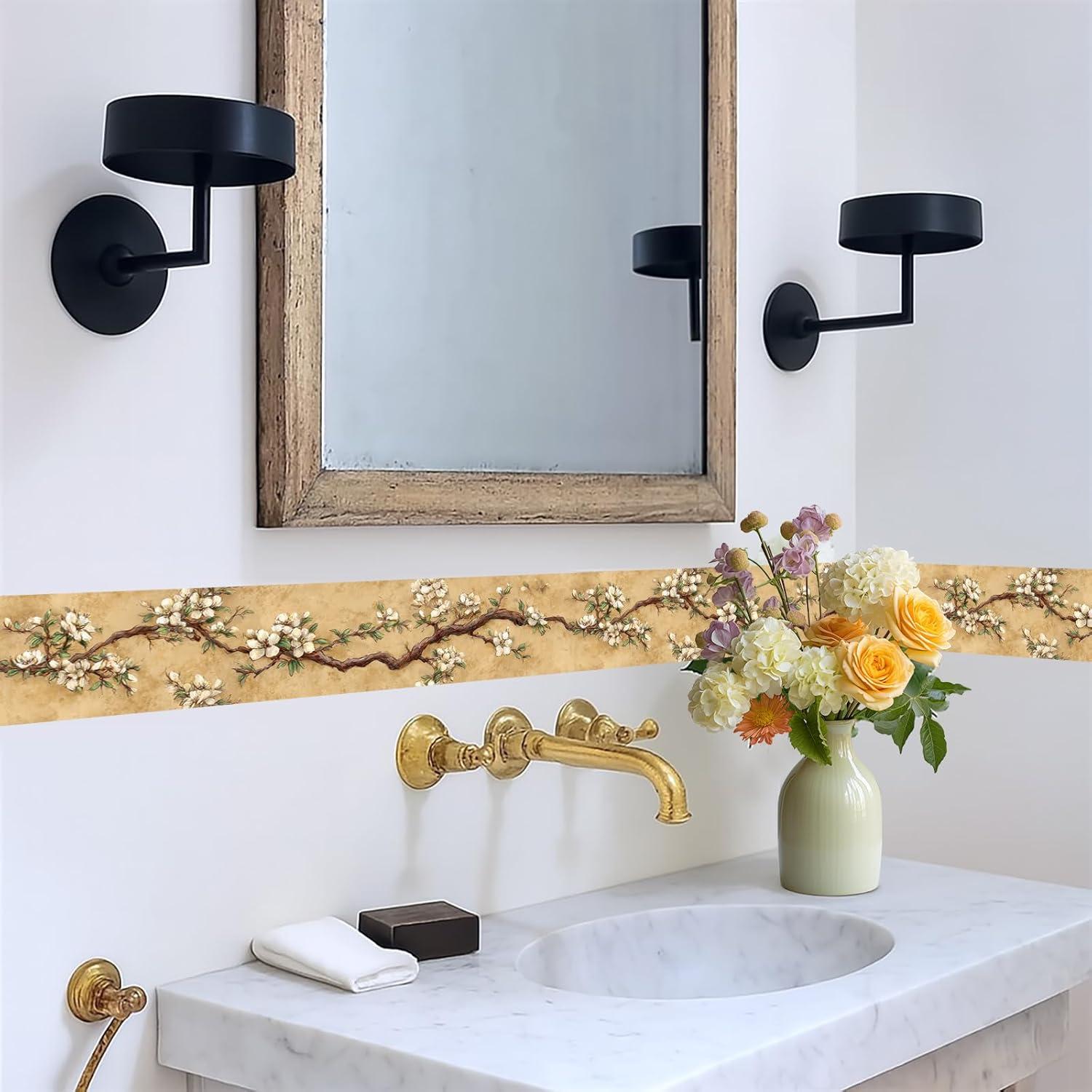 Frontera de Papel Tapiz Autoadhesiva IOHEFY Vintage Blossom 10.16x498.4 cm Beige Floral