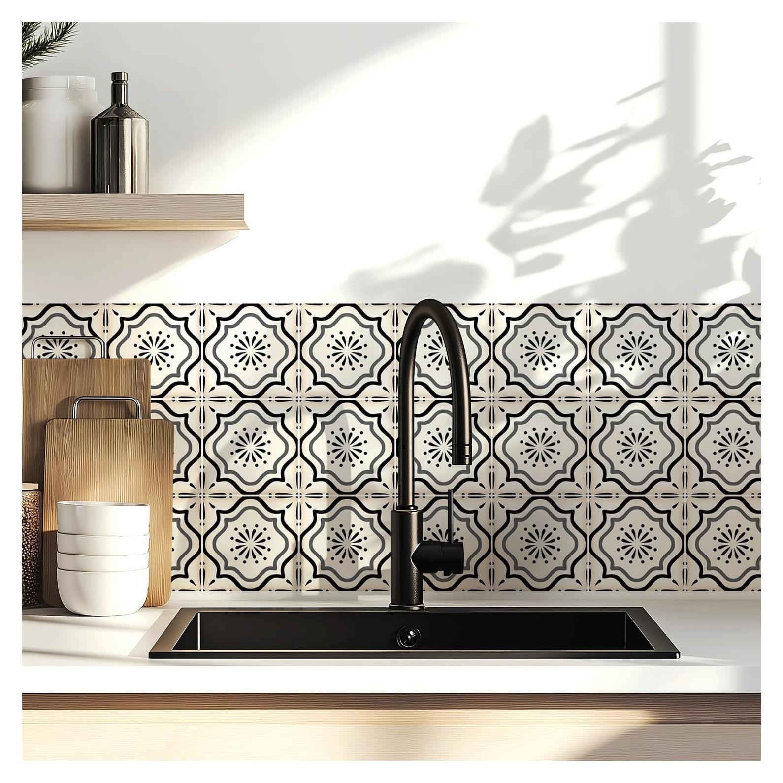 30 Calcomanías de Azulejos Marroquíes meihea 10x10 cm Beige/Negro