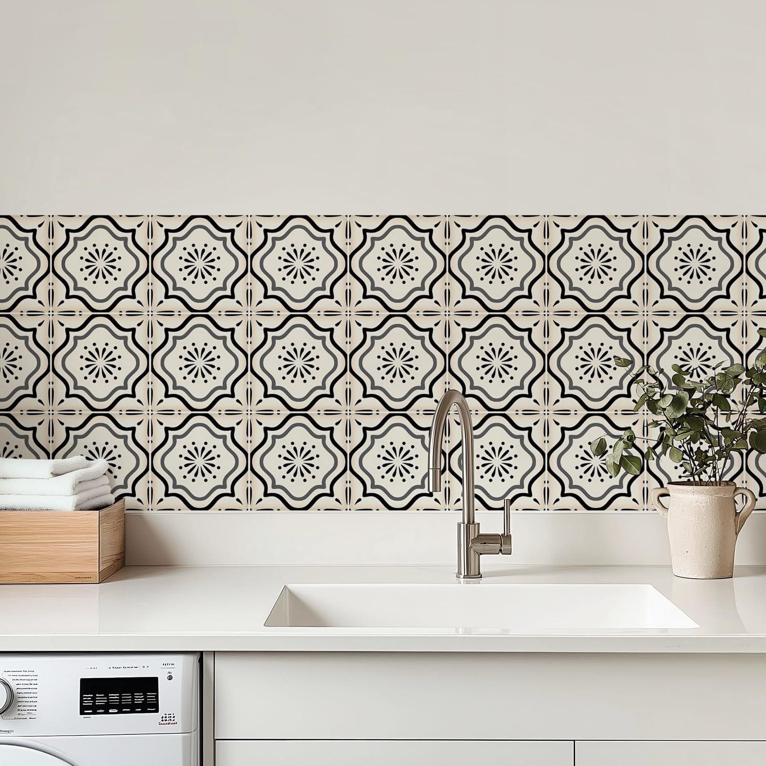 30 Calcomanías de Azulejos Marroquíes meihea 10x10 cm Beige/Negro