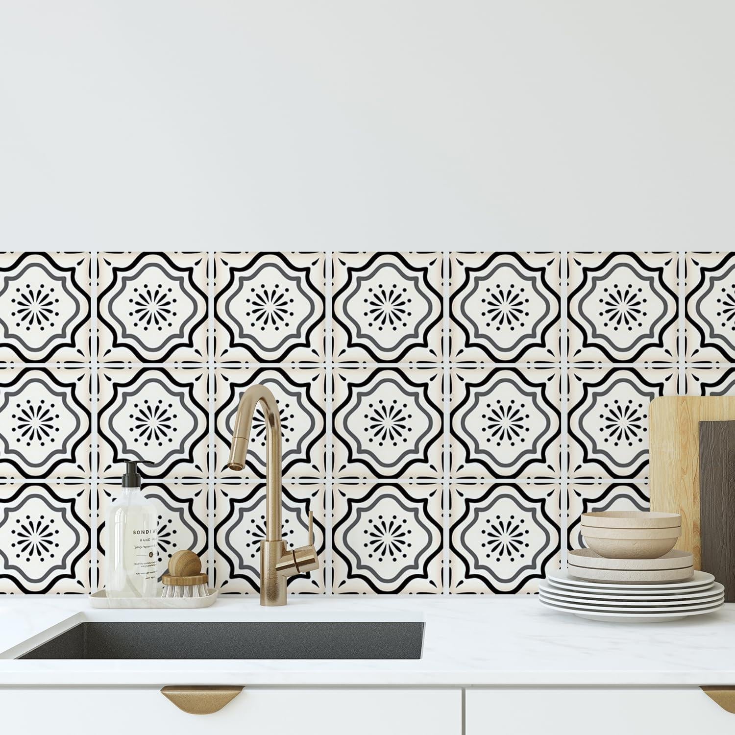 30 Calcomanías de Azulejos Marroquíes meihea 10x10 cm Beige/Negro