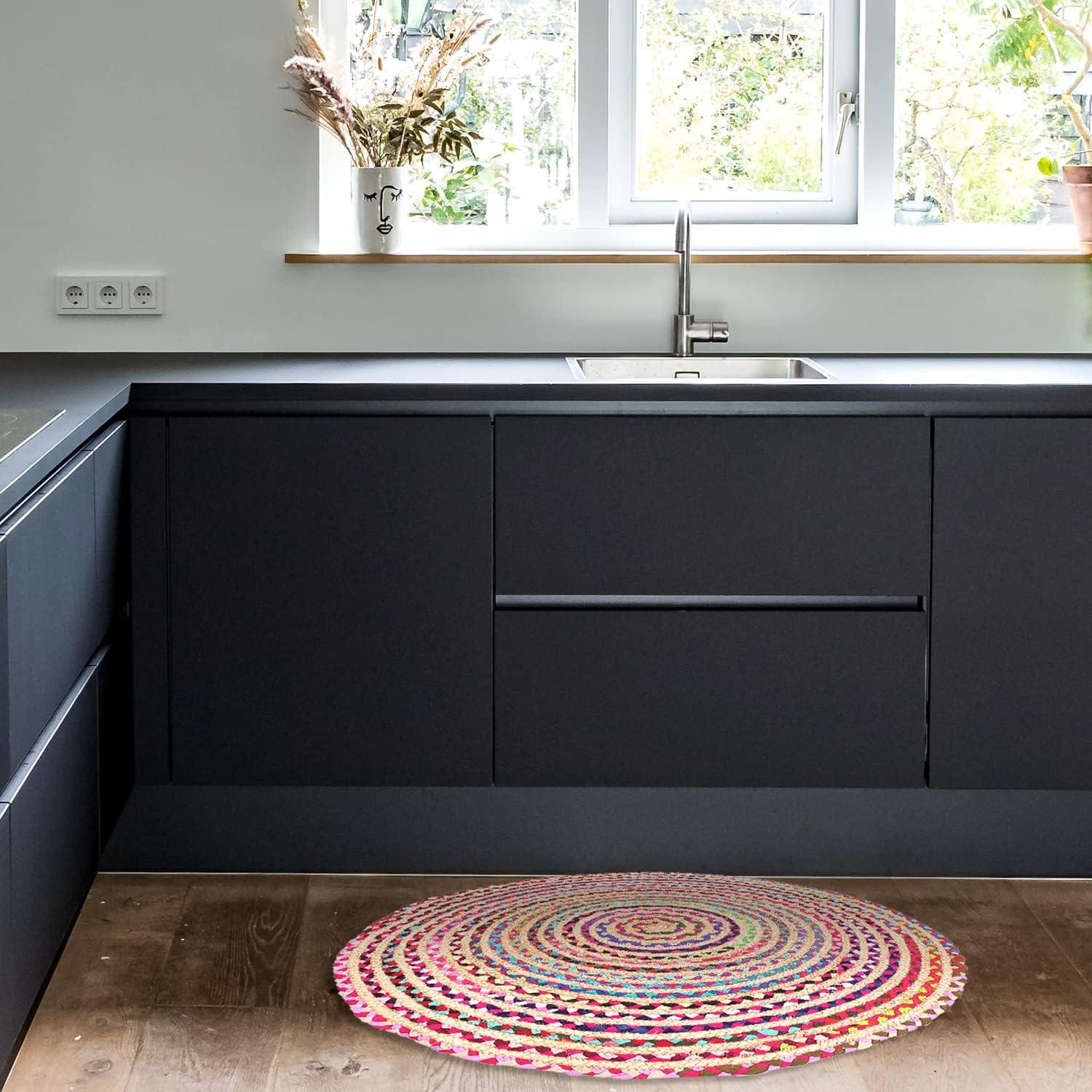 Alfombra Redonda Chindi Jute Artística India 91x91 cm Multicolor