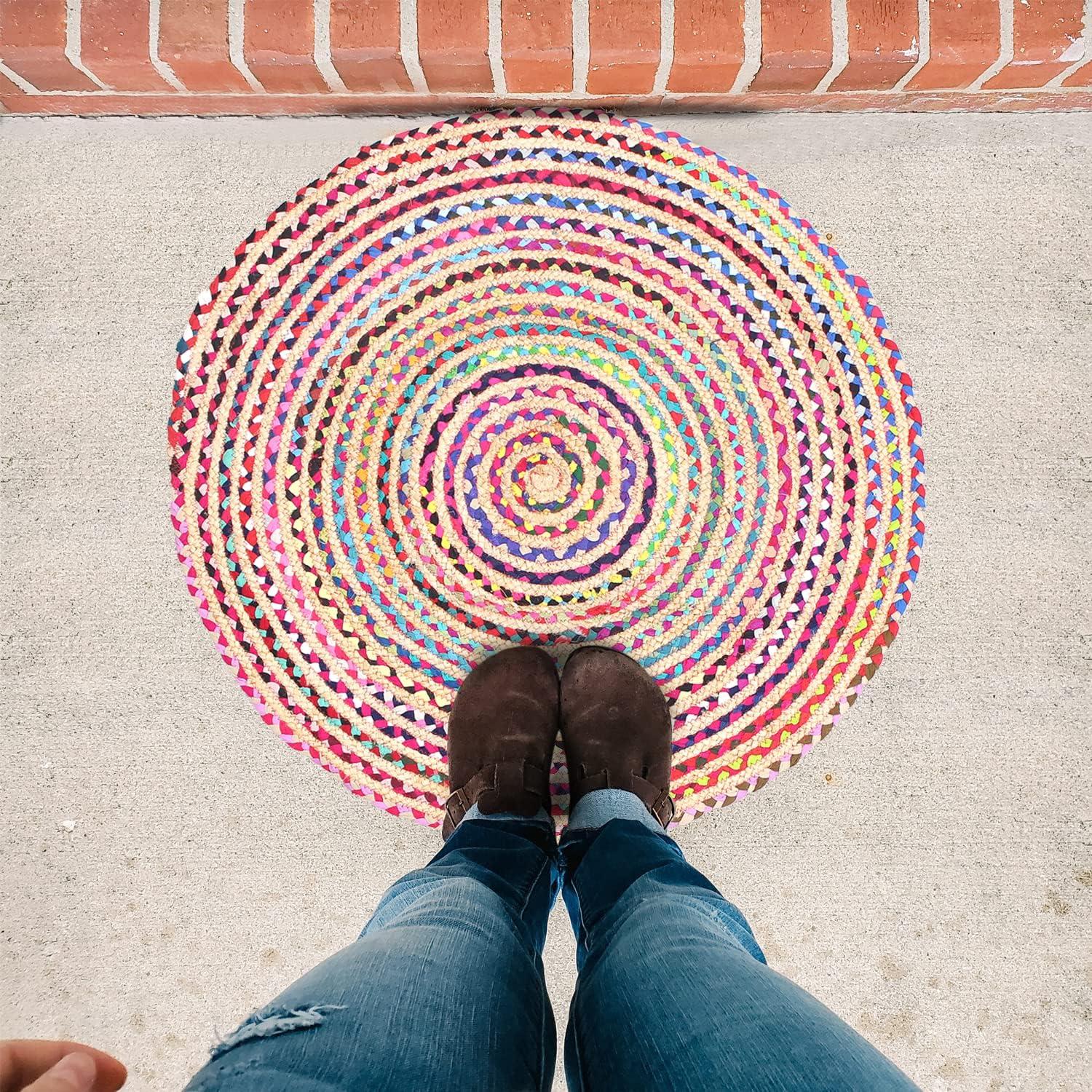 Alfombra Redonda Chindi Jute Artística India 91x91 cm Multicolor