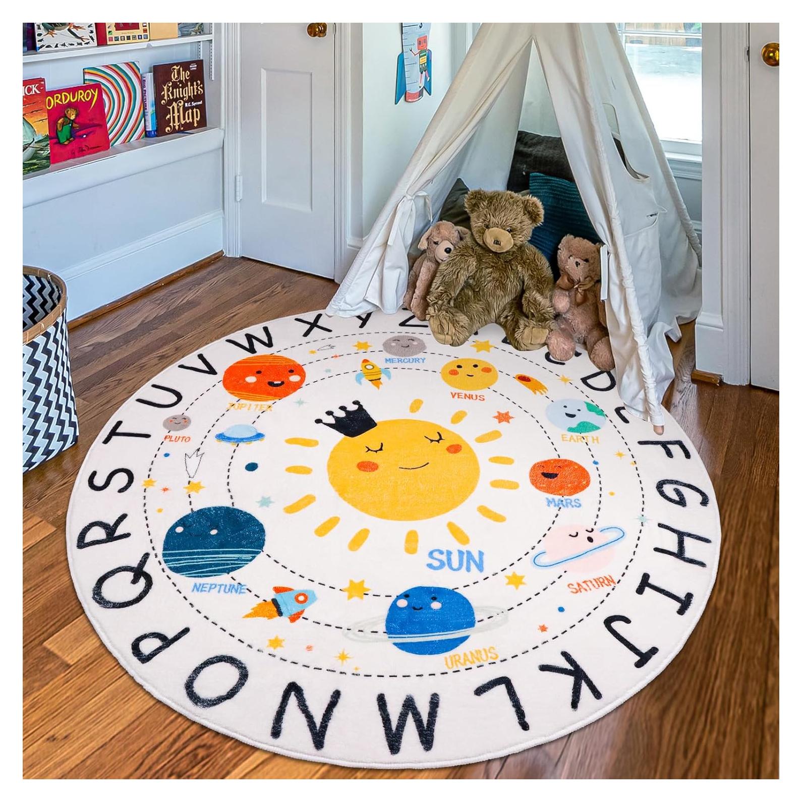 Alfombra Circular Educativa LTKOUGFAM 120cm Sistema Solar ABC