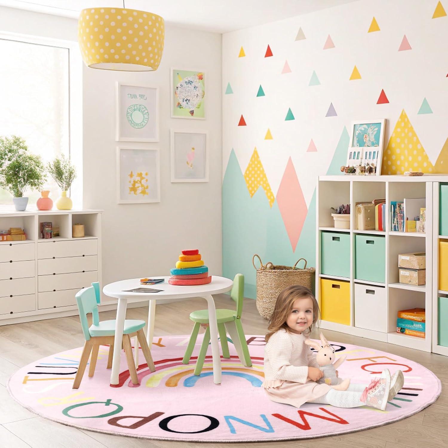 Alfombra Redonda Antideslizante Truqual 1.02m Rosa Letras