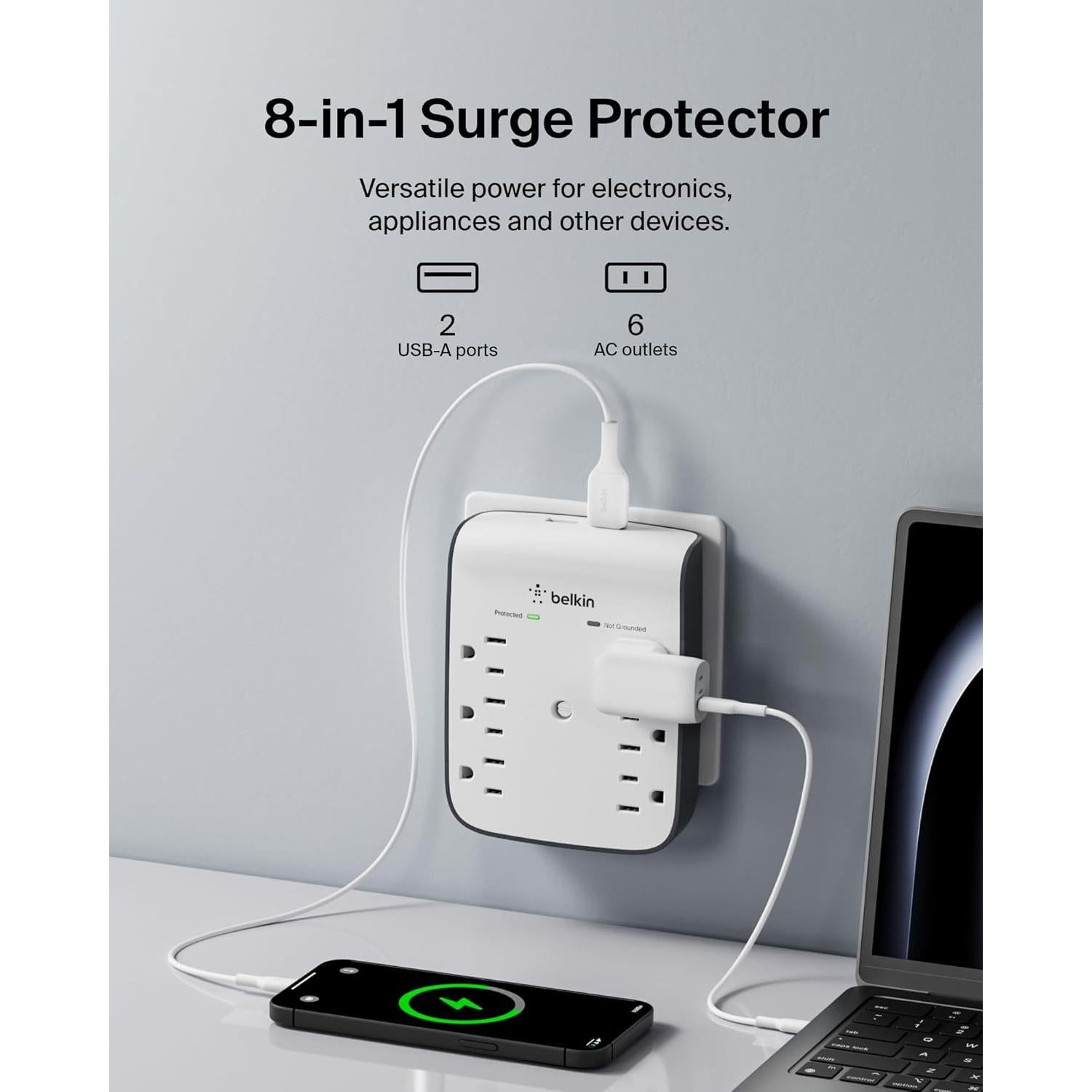 Protector de Sobretensión Belkin 6 Salidas 2 USB Montable
