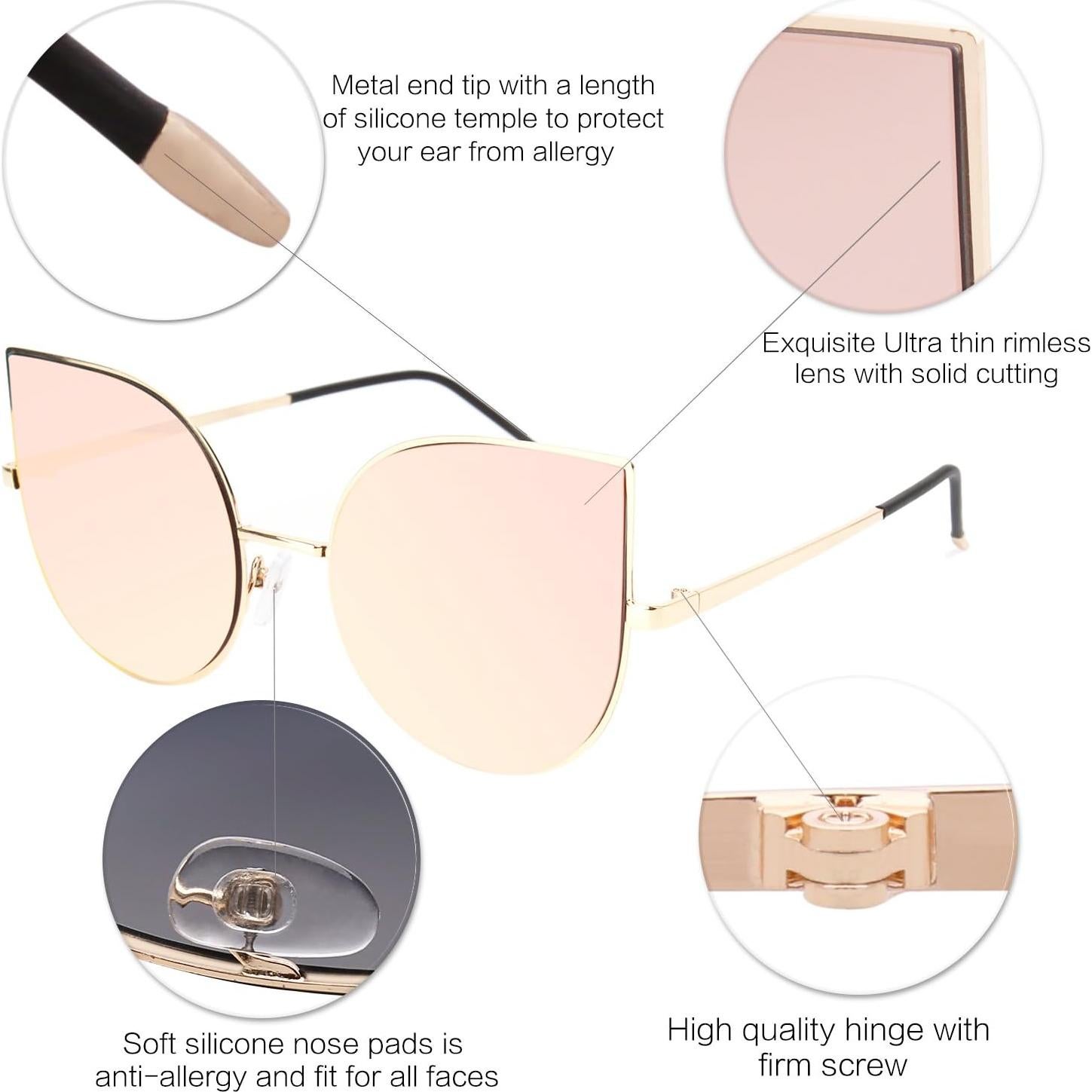 Gafas de Sol SojoS Ojo de Gato UV400 Marco Dorado Lente Rosa