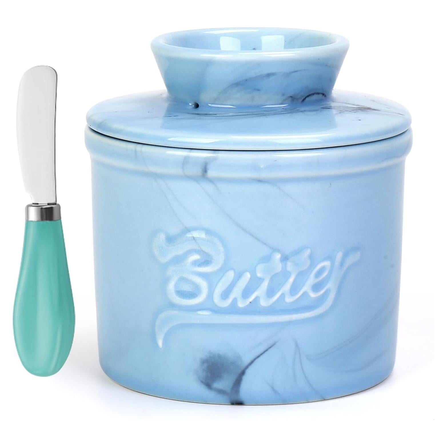 Crock de Mantequilla Cerámica OFFKITSLY Azul con Tapa y Espátula