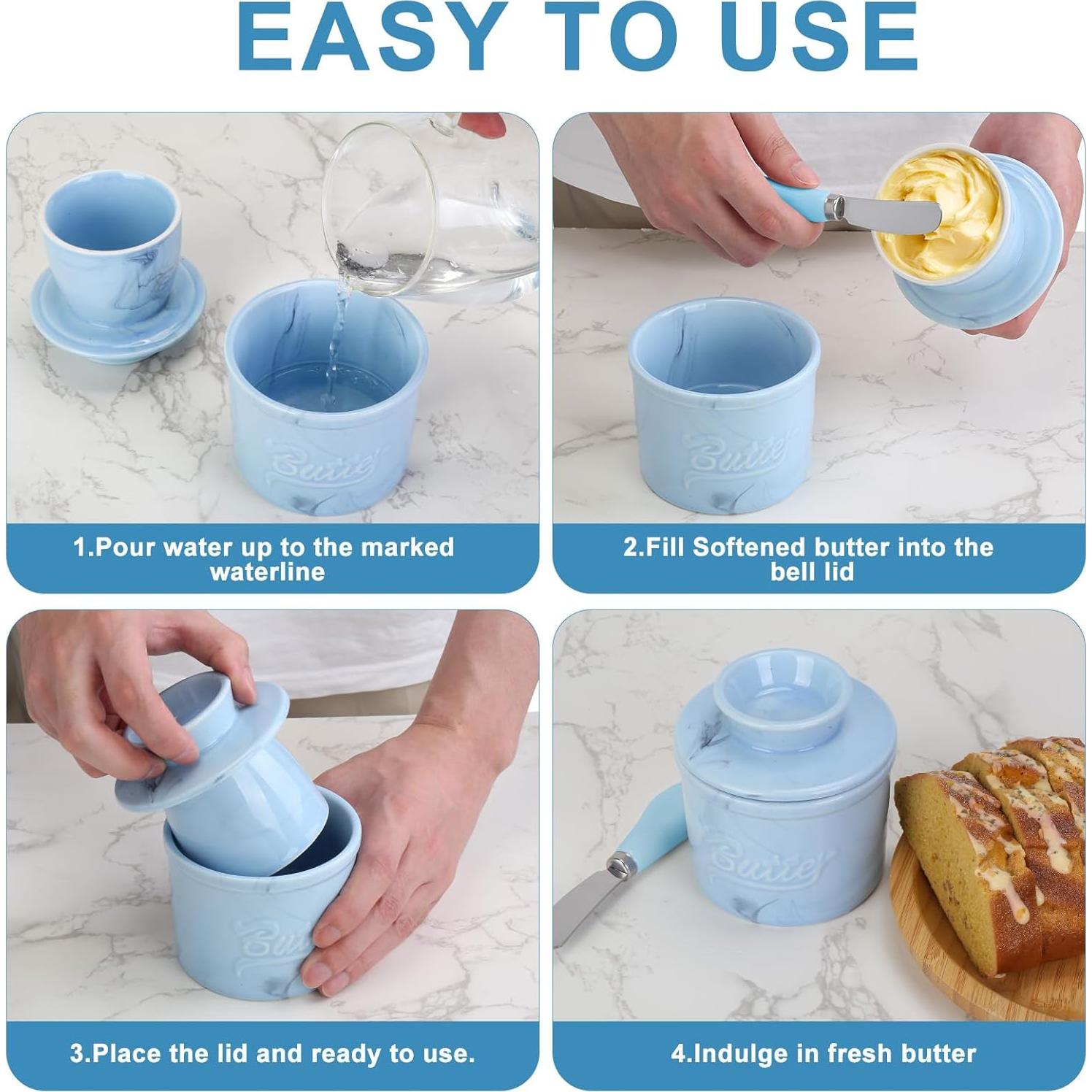 Crock de Mantequilla Cerámica OFFKITSLY Azul con Tapa y Espátula