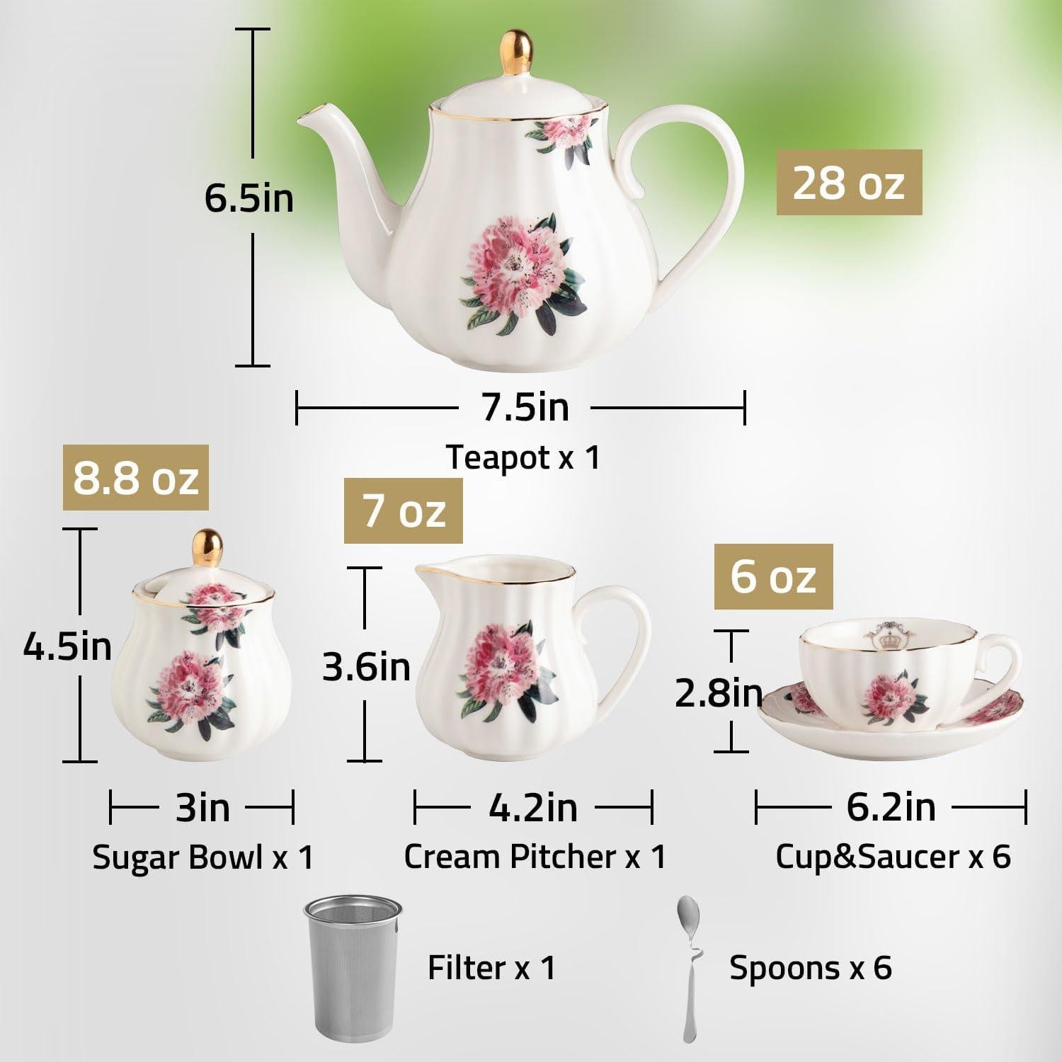 Juego de té de porcelana Sweejar 22 piezas Flores de Primavera