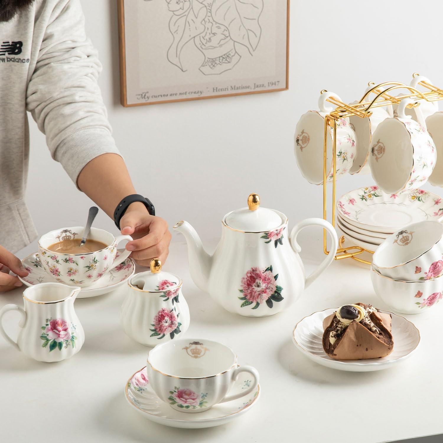 Juego de té de porcelana Sweejar 22 piezas Flores de Primavera