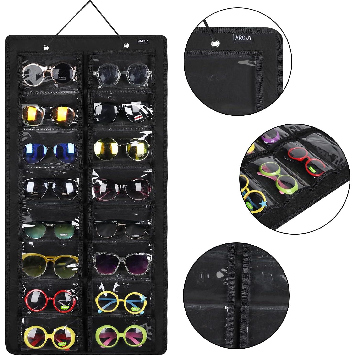 AROUY Sunglasses Organizer Storage, Hanging Dust Proof Wall Pocket Glasses Organizer - 16 Felt Slots Sunglass Organizer Holder with Metal Hook and Sturdy Rope (Black, Dust Proof)