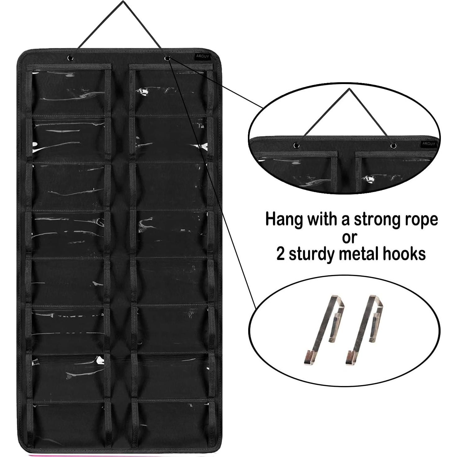AROUY Sunglasses Organizer Storage, Hanging Dust Proof Wall Pocket Glasses Organizer - 16 Felt Slots Sunglass Organizer Holder with Metal Hook and Sturdy Rope (Black, Dust Proof)