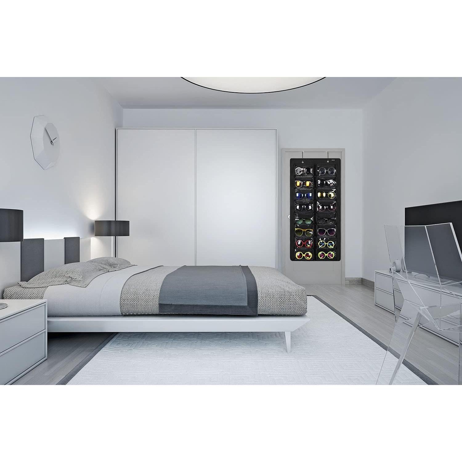 AROUY Sunglasses Organizer Storage, Hanging Dust Proof Wall Pocket Glasses Organizer - 16 Felt Slots Sunglass Organizer Holder with Metal Hook and Sturdy Rope (Black, Dust Proof)