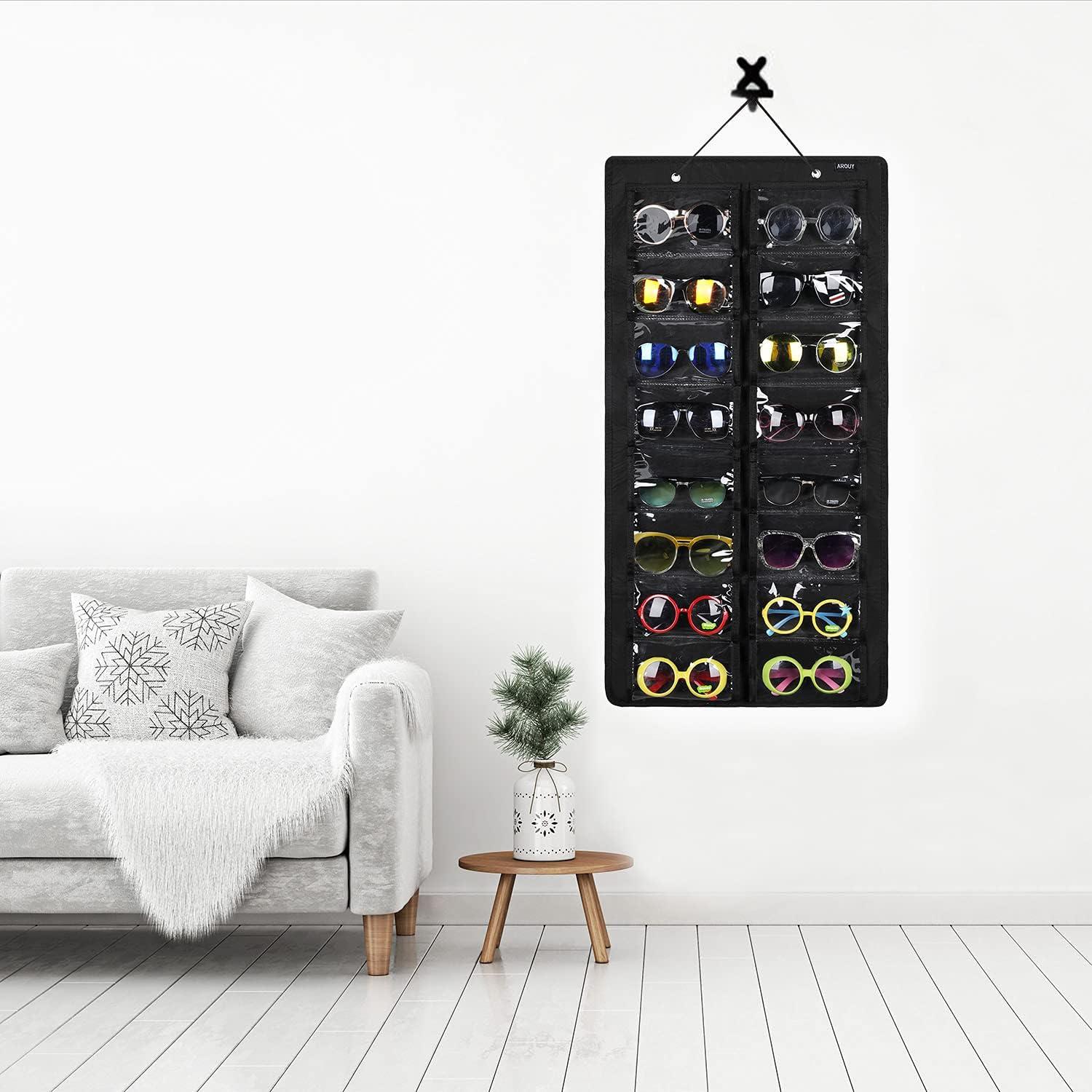 AROUY Sunglasses Organizer Storage, Hanging Dust Proof Wall Pocket Glasses Organizer - 16 Felt Slots Sunglass Organizer Holder with Metal Hook and Sturdy Rope (Black, Dust Proof)