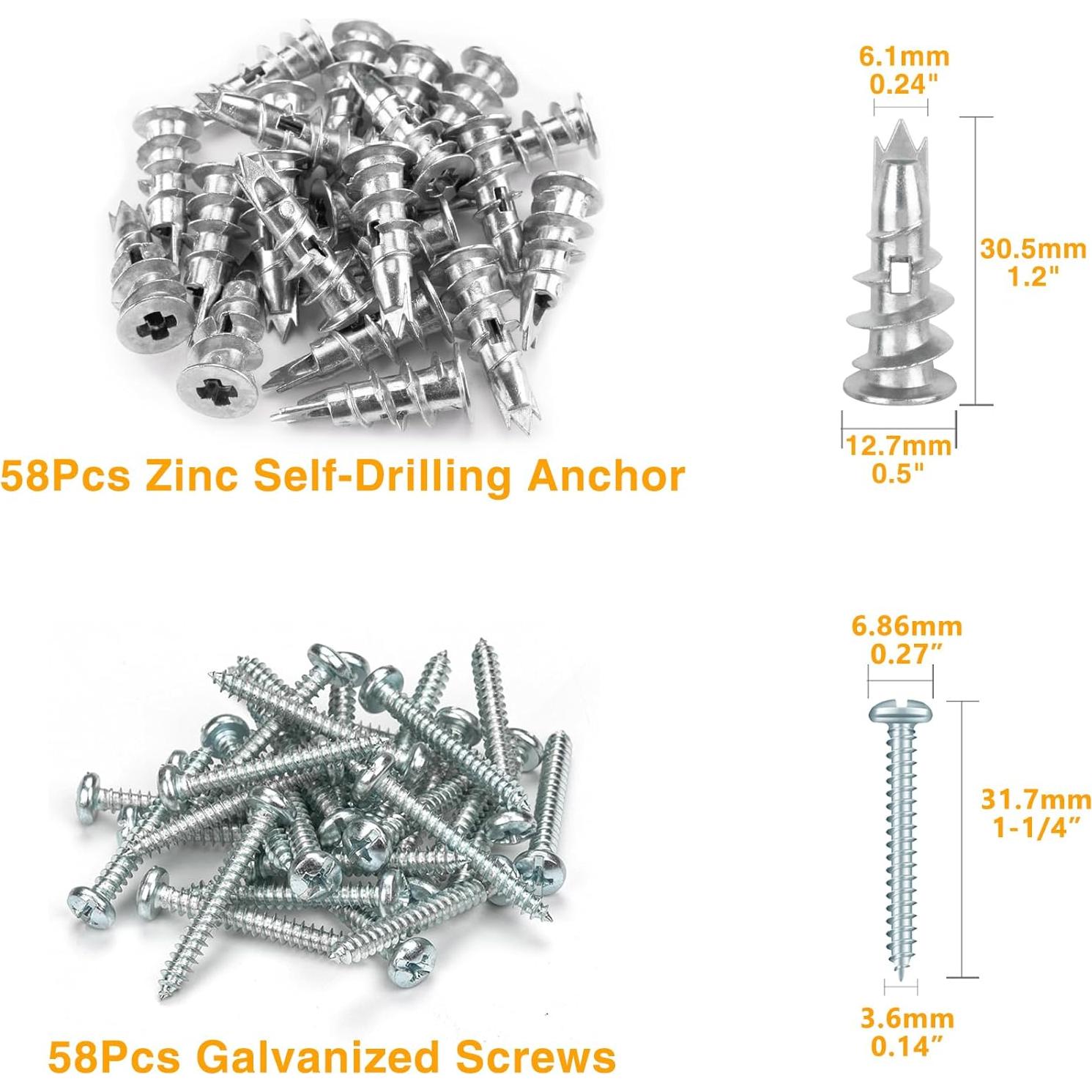 Anclajes de Pared KURUI de Zinc Autoperforantes 116 Piezas