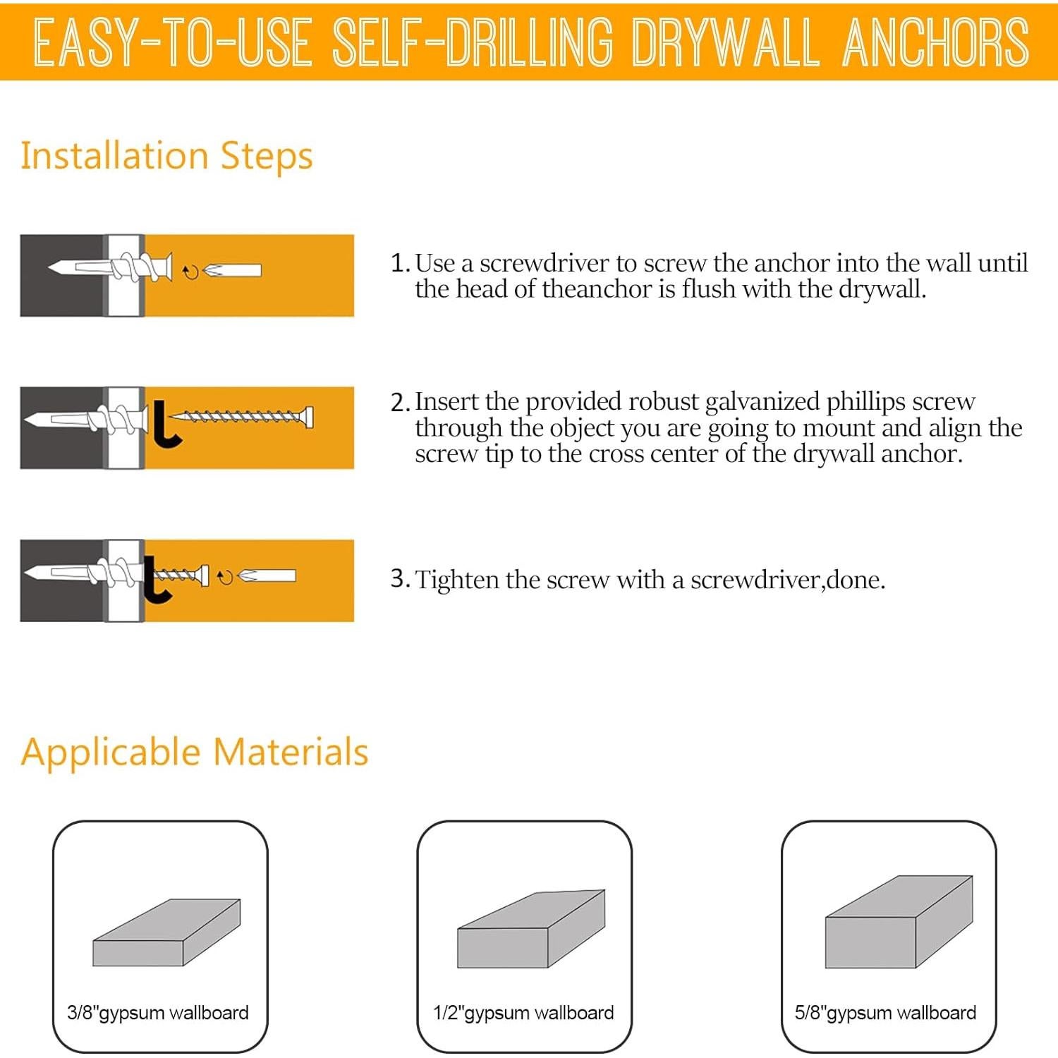 Anclajes de Pared KURUI de Zinc Autoperforantes 116 Piezas