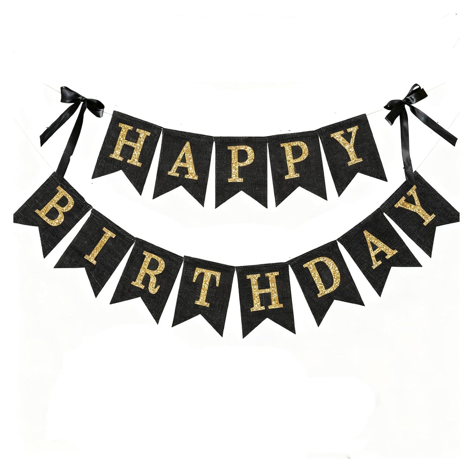 Banner Feliz Cumpleaños Yute Negro y Dorado 3m Preensamblado