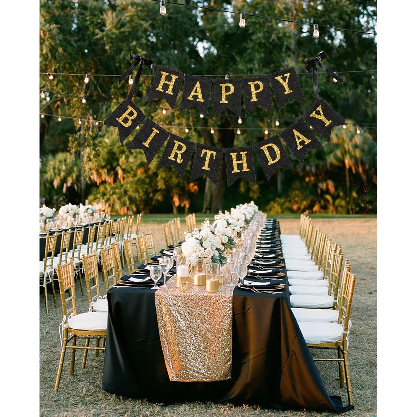 Banner Feliz Cumpleaños Yute Negro y Dorado 3m Preensamblado