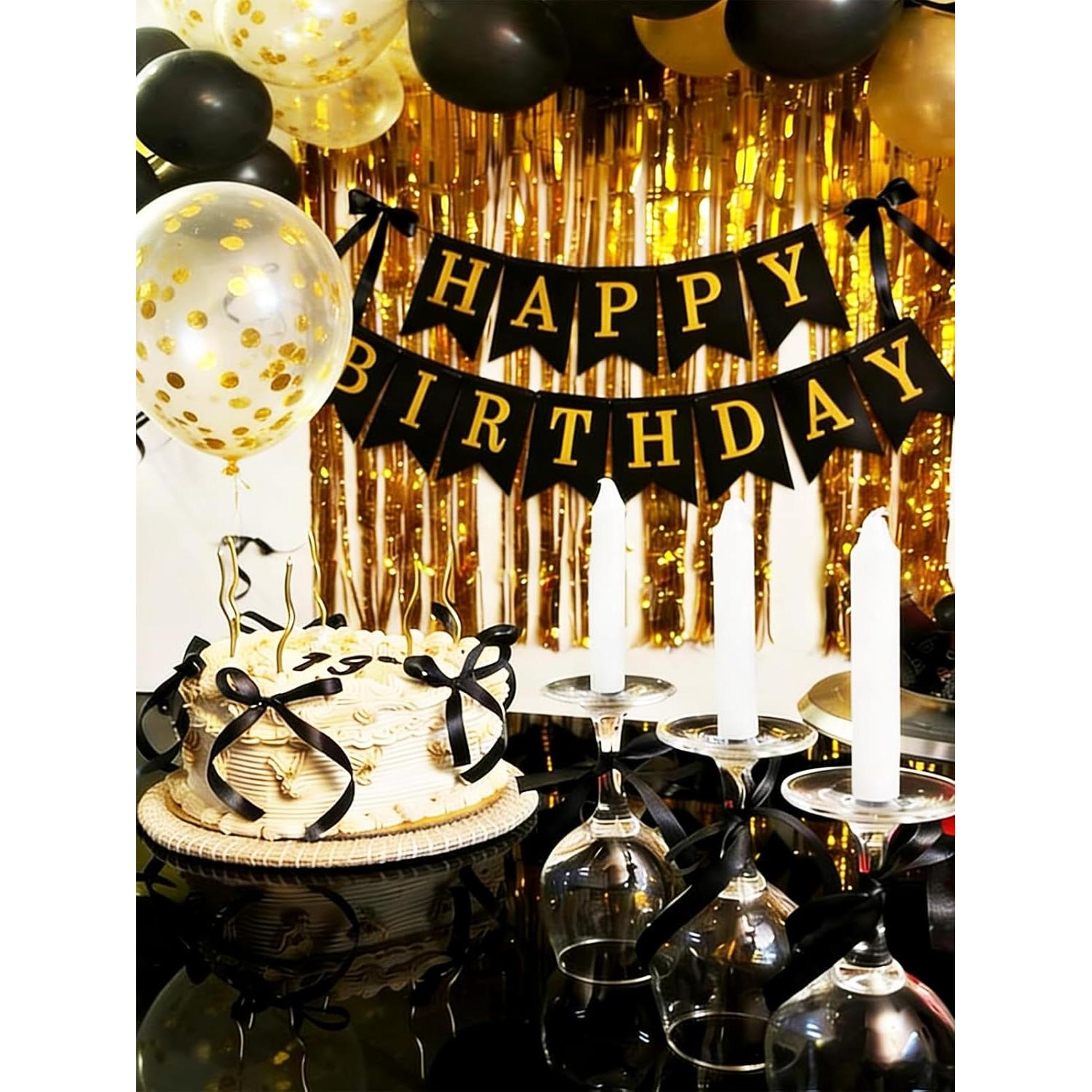 Banner Feliz Cumpleaños Yute Negro y Dorado 3m Preensamblado