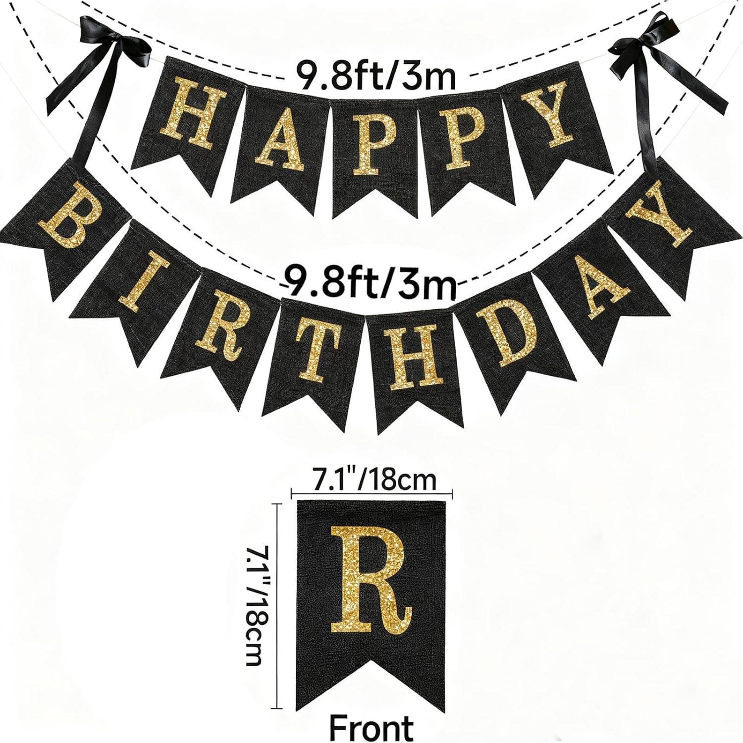 Banner Feliz Cumpleaños Yute Negro y Dorado 3m Preensamblado