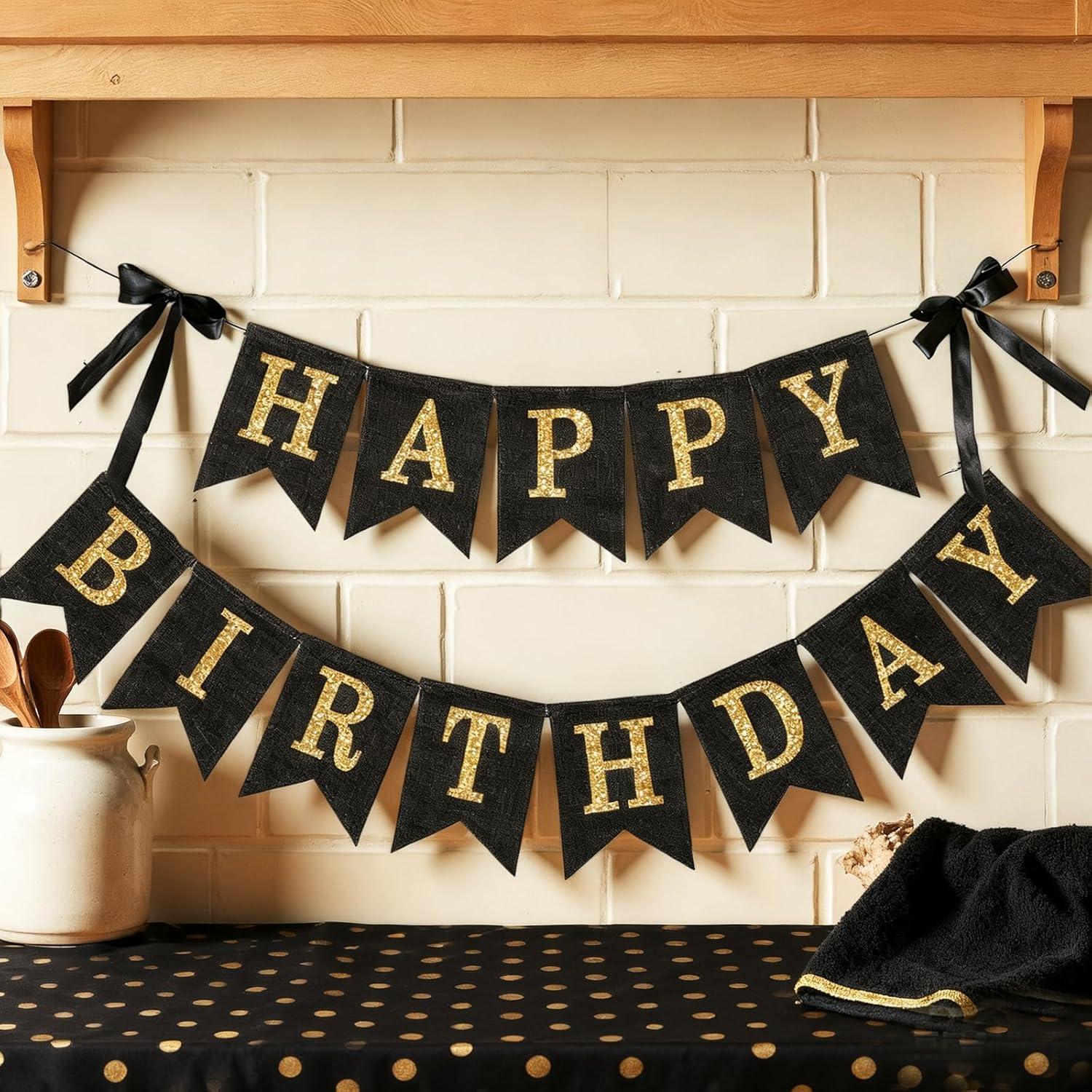 Banner Feliz Cumpleaños Yute Negro y Dorado 3m Preensamblado