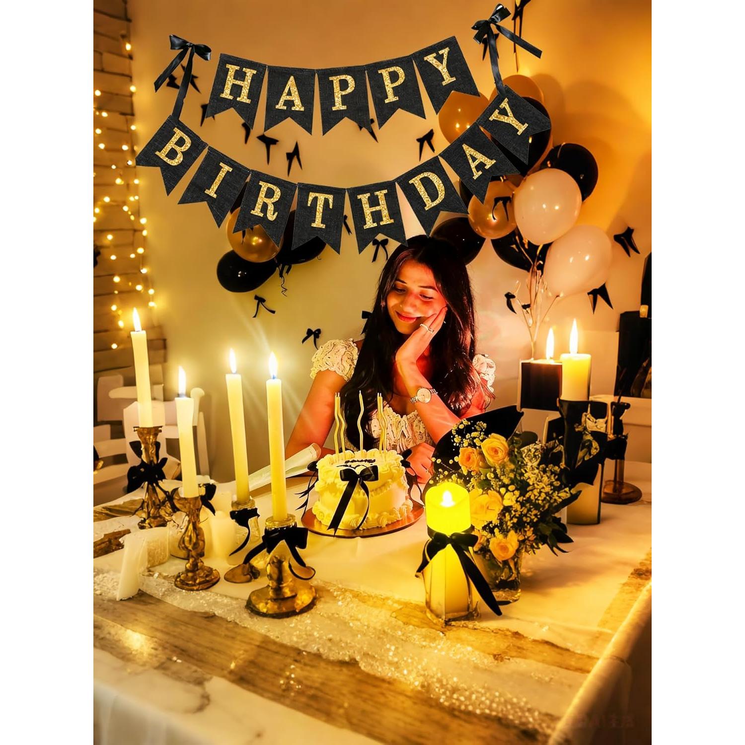 Banner Feliz Cumpleaños Yute Negro y Dorado 3m Preensamblado