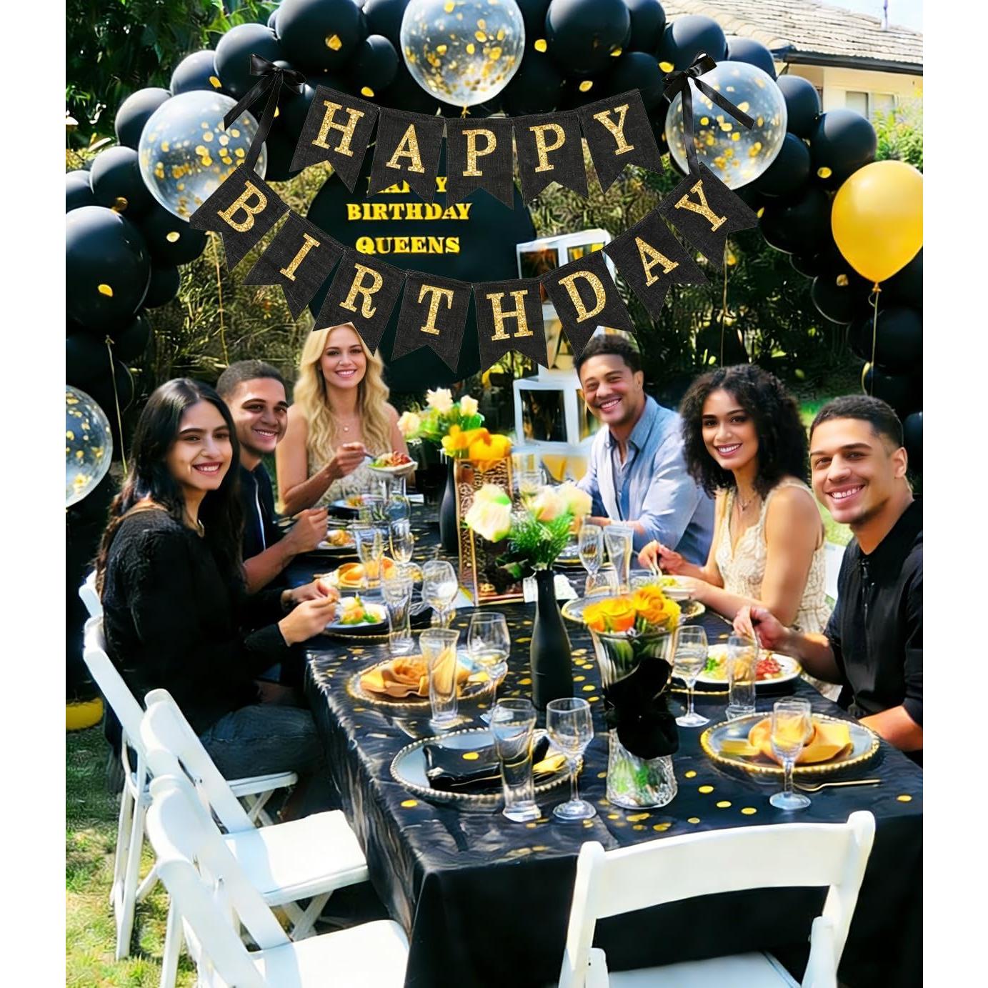 Banner Feliz Cumpleaños Yute Negro y Dorado 3m Preensamblado