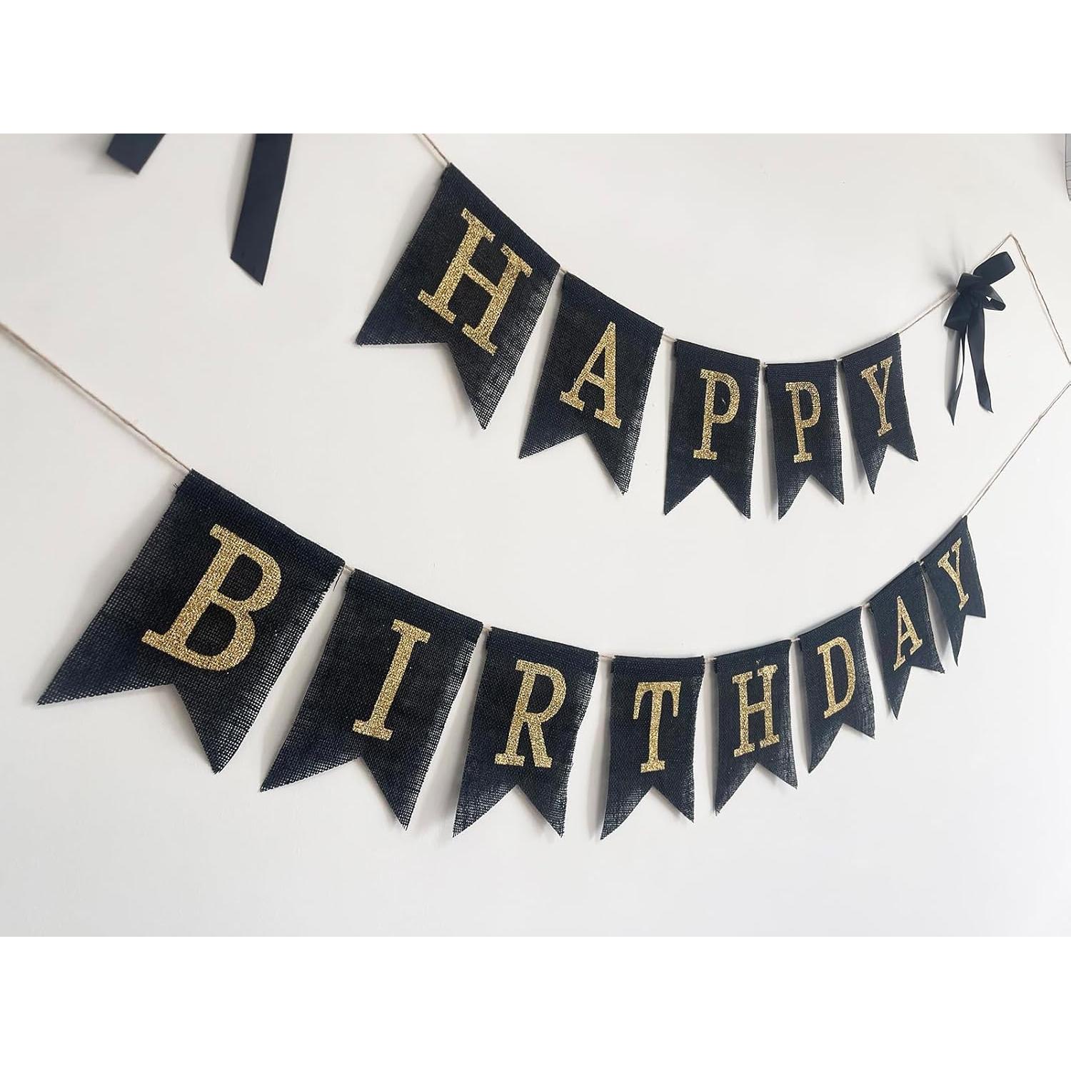 Banner Feliz Cumpleaños Yute Negro y Dorado 3m Preensamblado