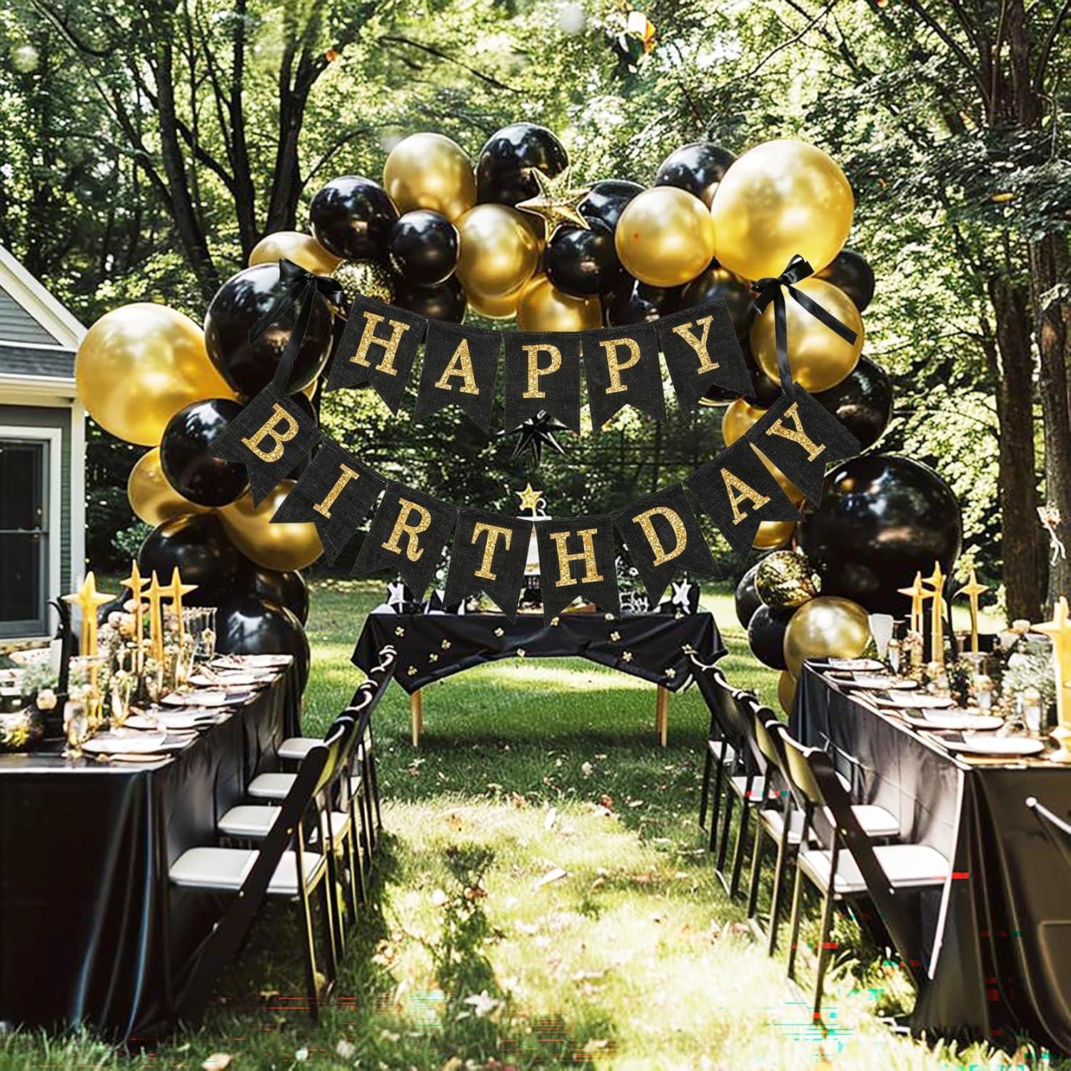 Banner Feliz Cumpleaños Yute Negro y Dorado 3m Preensamblado