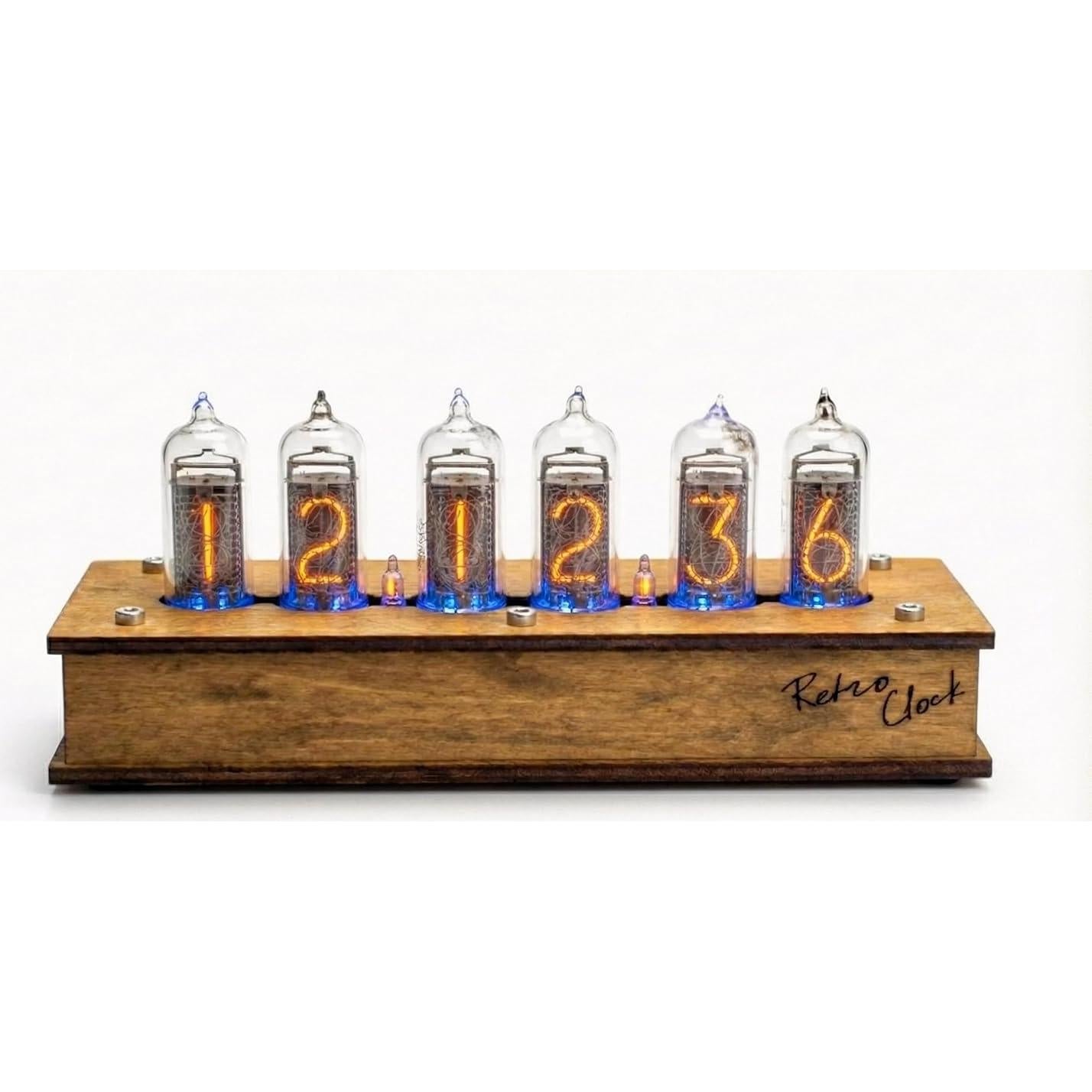 Reloj de Tubo Nixie IN-14 Hecho a Mano en Madera Vintage