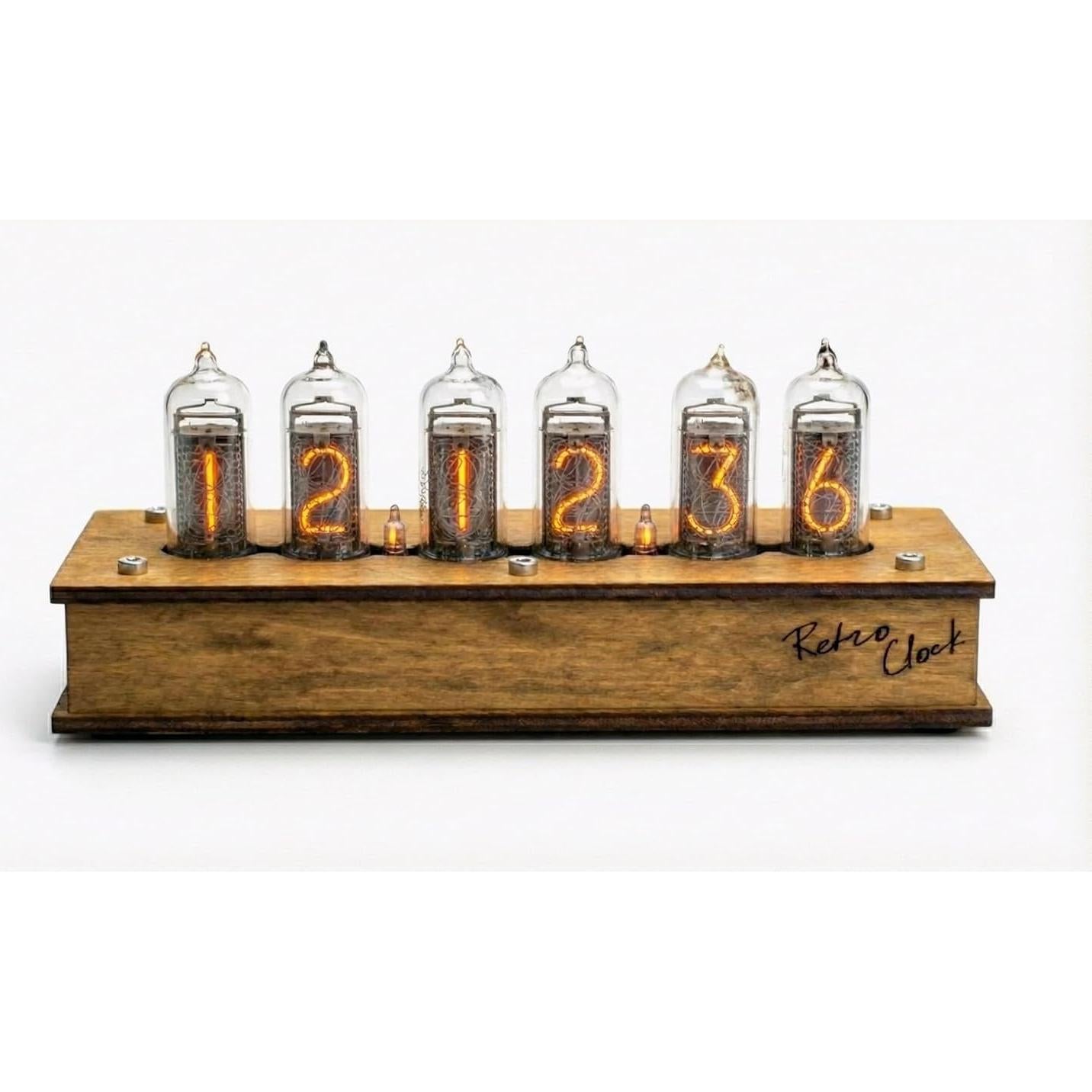 Reloj de Tubo Nixie IN-14 Hecho a Mano en Madera Vintage