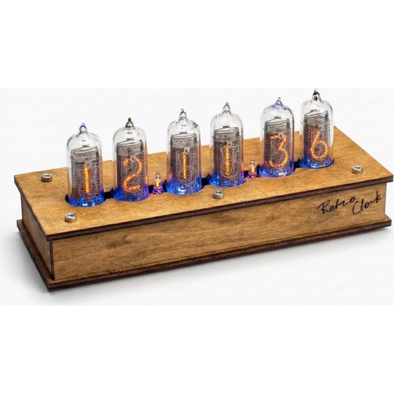 Reloj de Tubo Nixie IN-14 Hecho a Mano en Madera Vintage