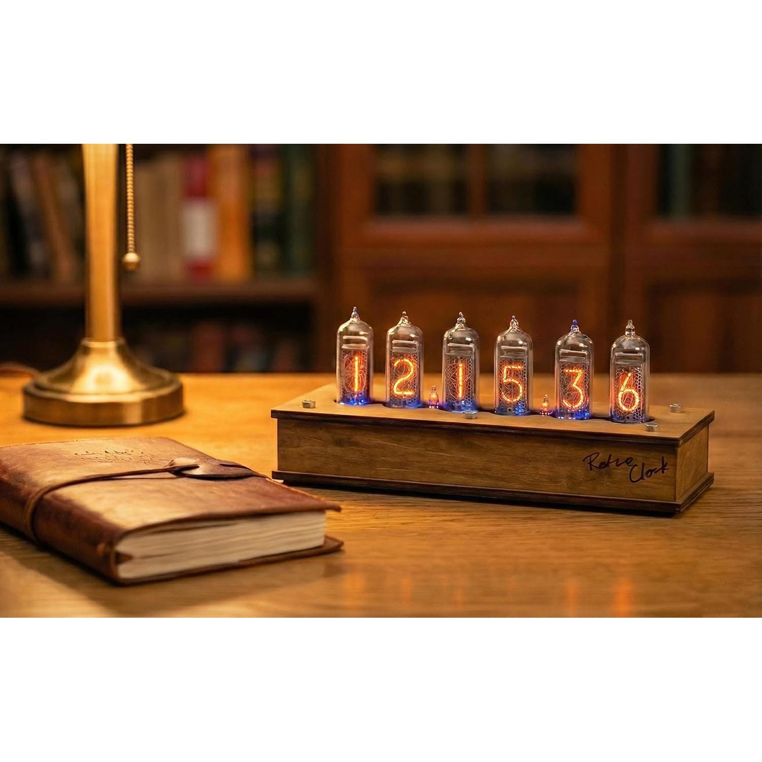 Reloj de Tubo Nixie IN-14 Hecho a Mano en Madera Vintage