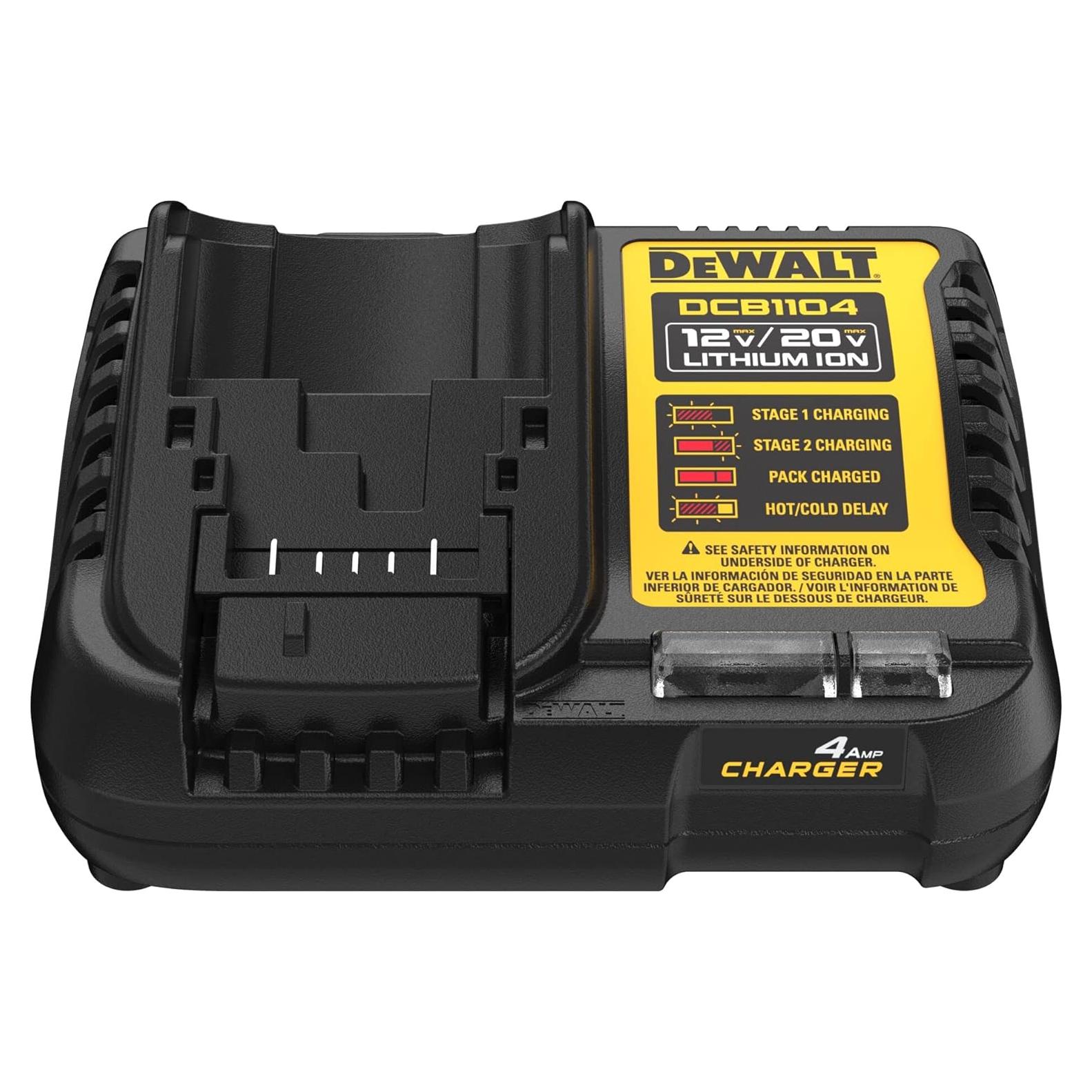 Cargador DEWALT DCB1104 12V/20V 4A con LED y soporte