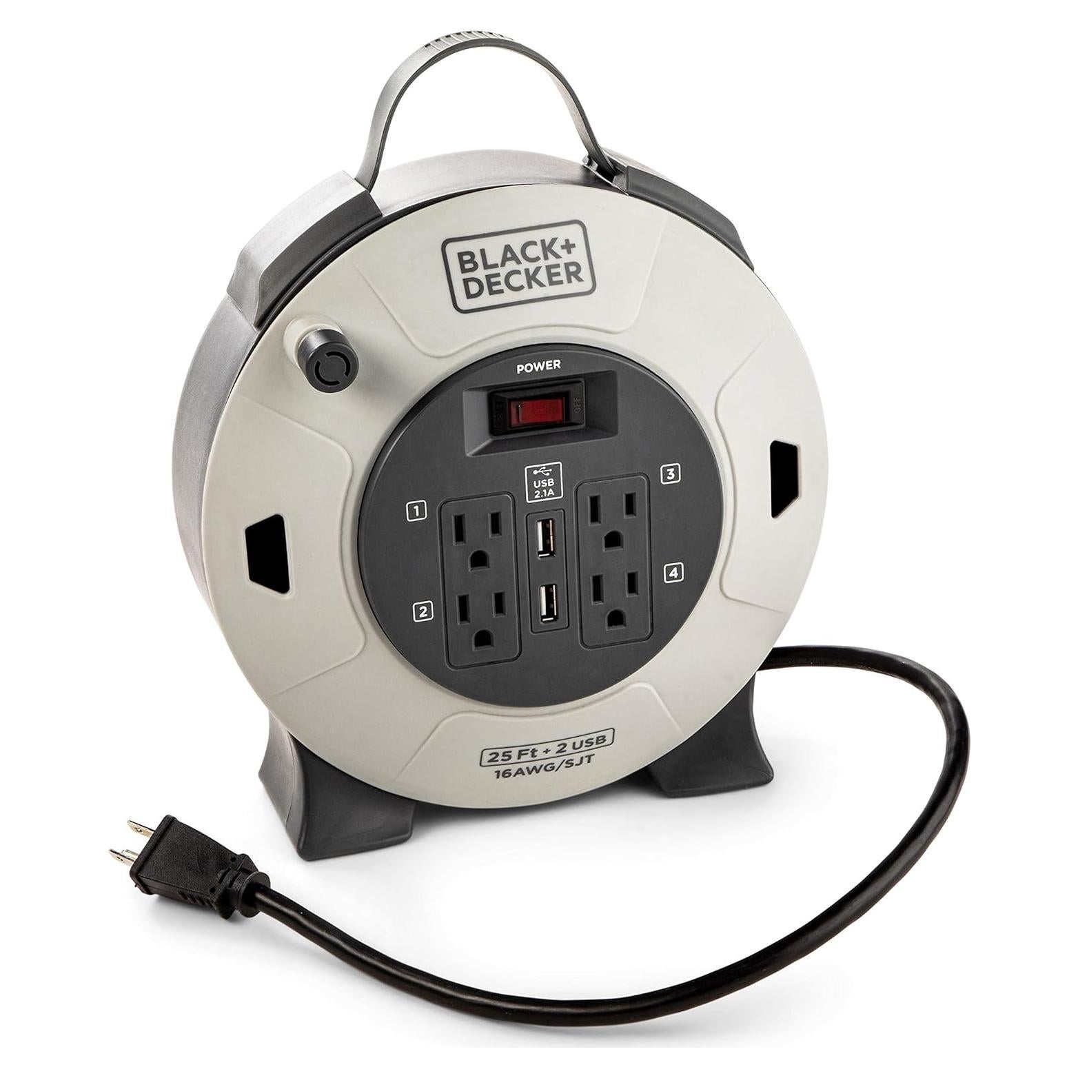 Carrete de Cable Retráctil BLACK+DECKER 7,62 m 4 Salidas USB