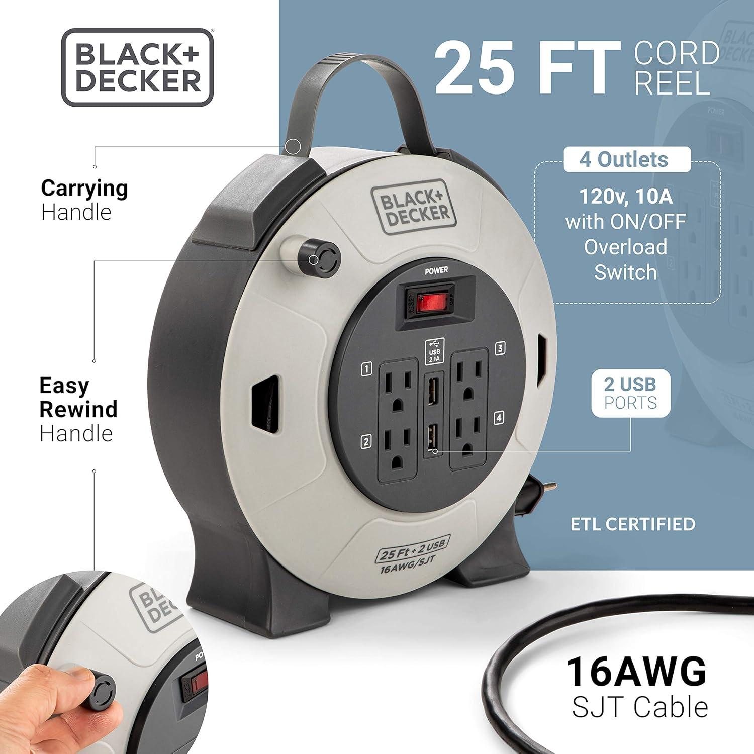 Carrete de Cable Retráctil BLACK+DECKER 7,62 m 4 Salidas USB