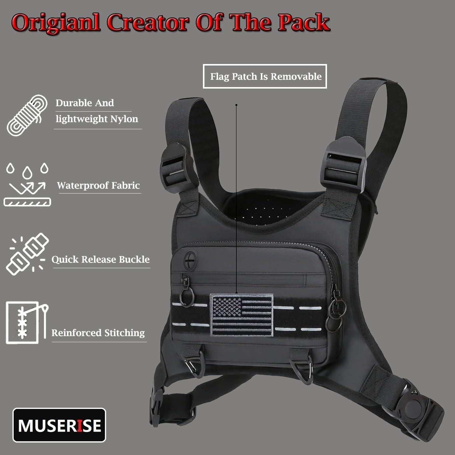 Bolsa de Pecho Deportiva Muserise Negra Resistente al Agua