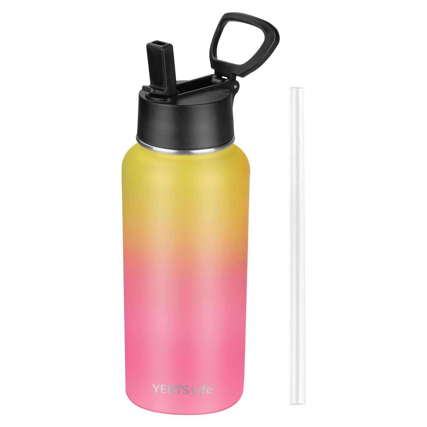 Botella de Agua Aislada YEBTS Life 32 oz con Pajilla Amarillo/Rosa