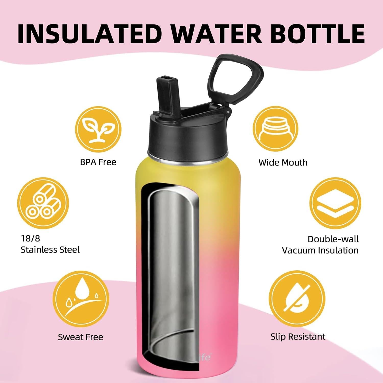 Botella de Agua Aislada YEBTS Life 32 oz con Pajilla Amarillo/Rosa