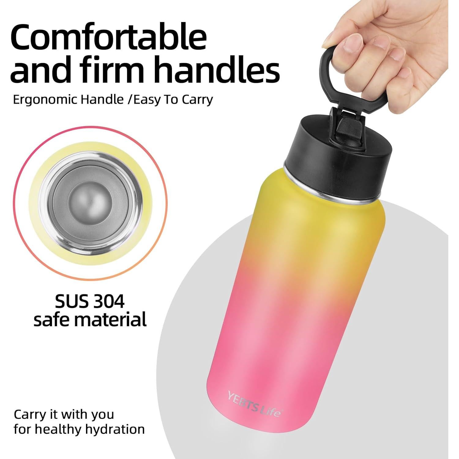 Botella de Agua Aislada YEBTS Life 32 oz con Pajilla Amarillo/Rosa